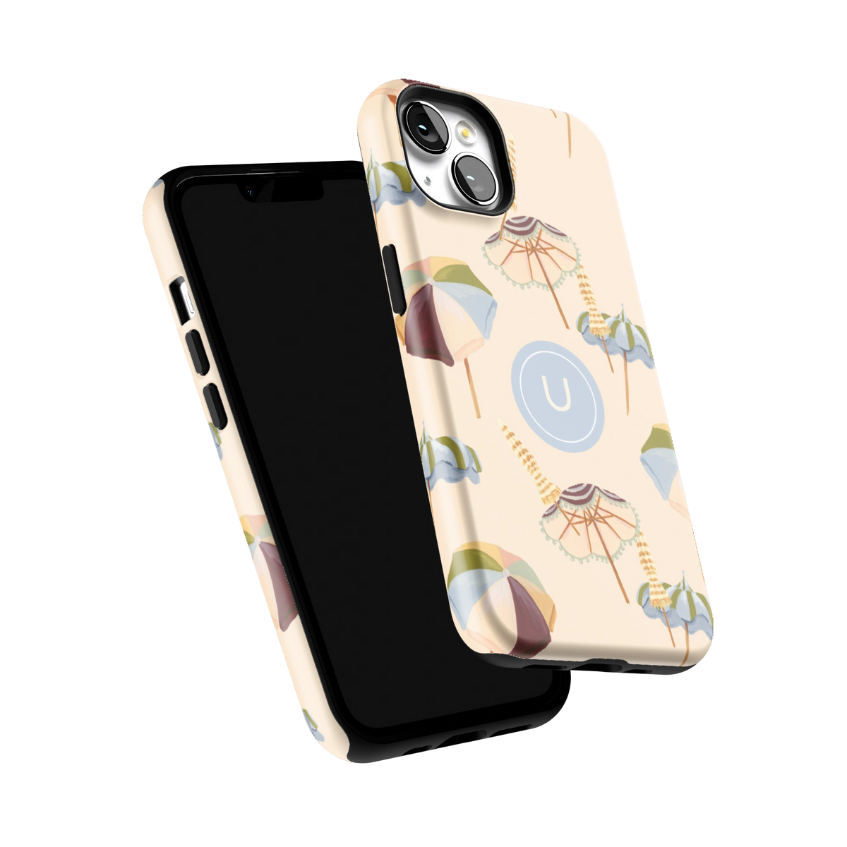 Umbrellas Personalized iPhone 13 case tilted to show the raised edges around the screen and camera