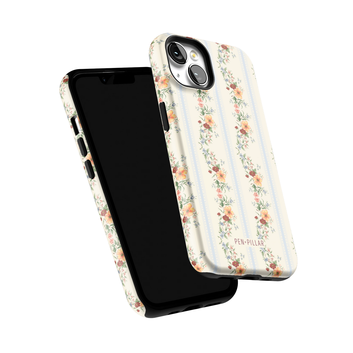 Wallflower iPhone 13 case tilted to show the raised edges around the screen and camera
