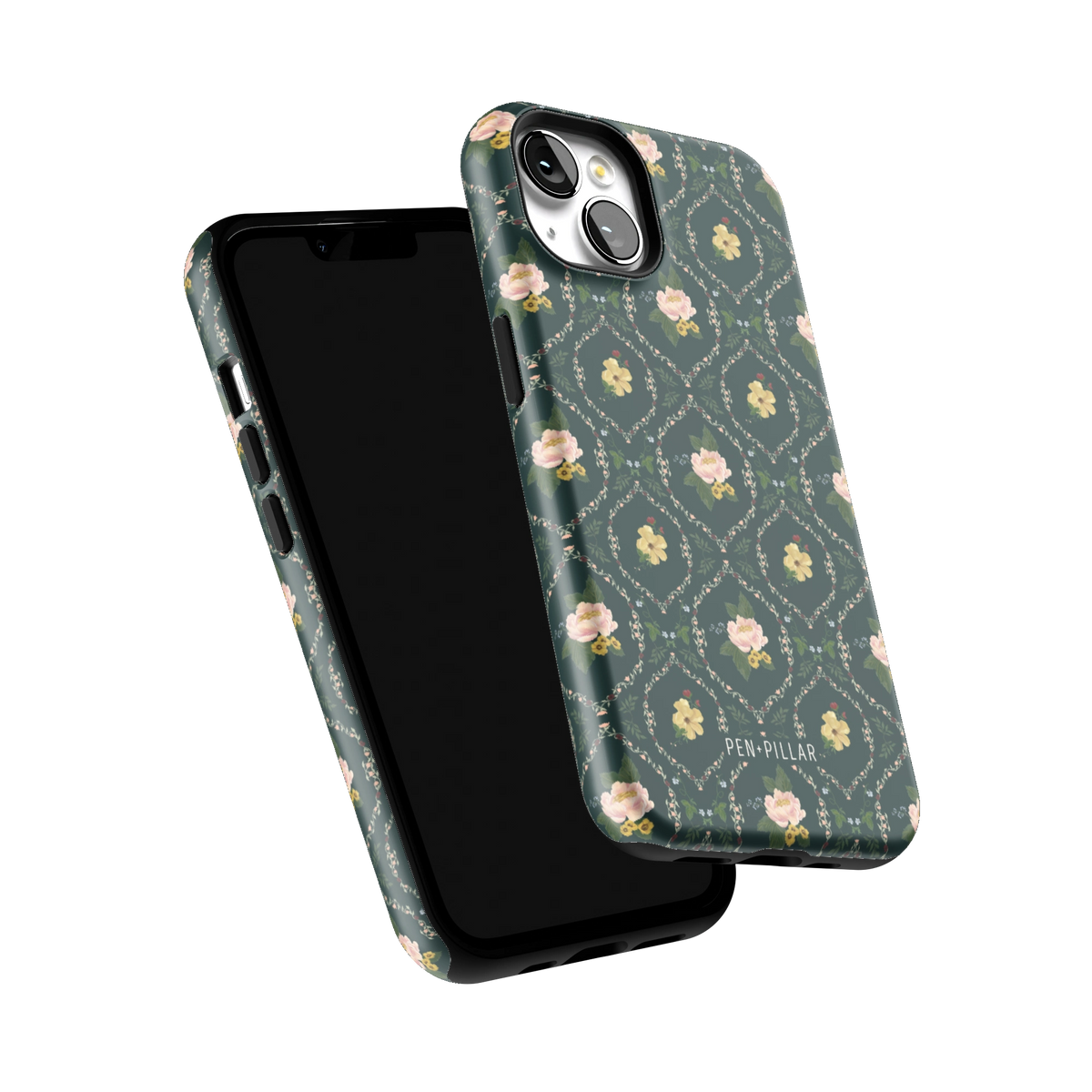 Meadow iPhone 13 case tilted to show the raised edges around the screen and camera