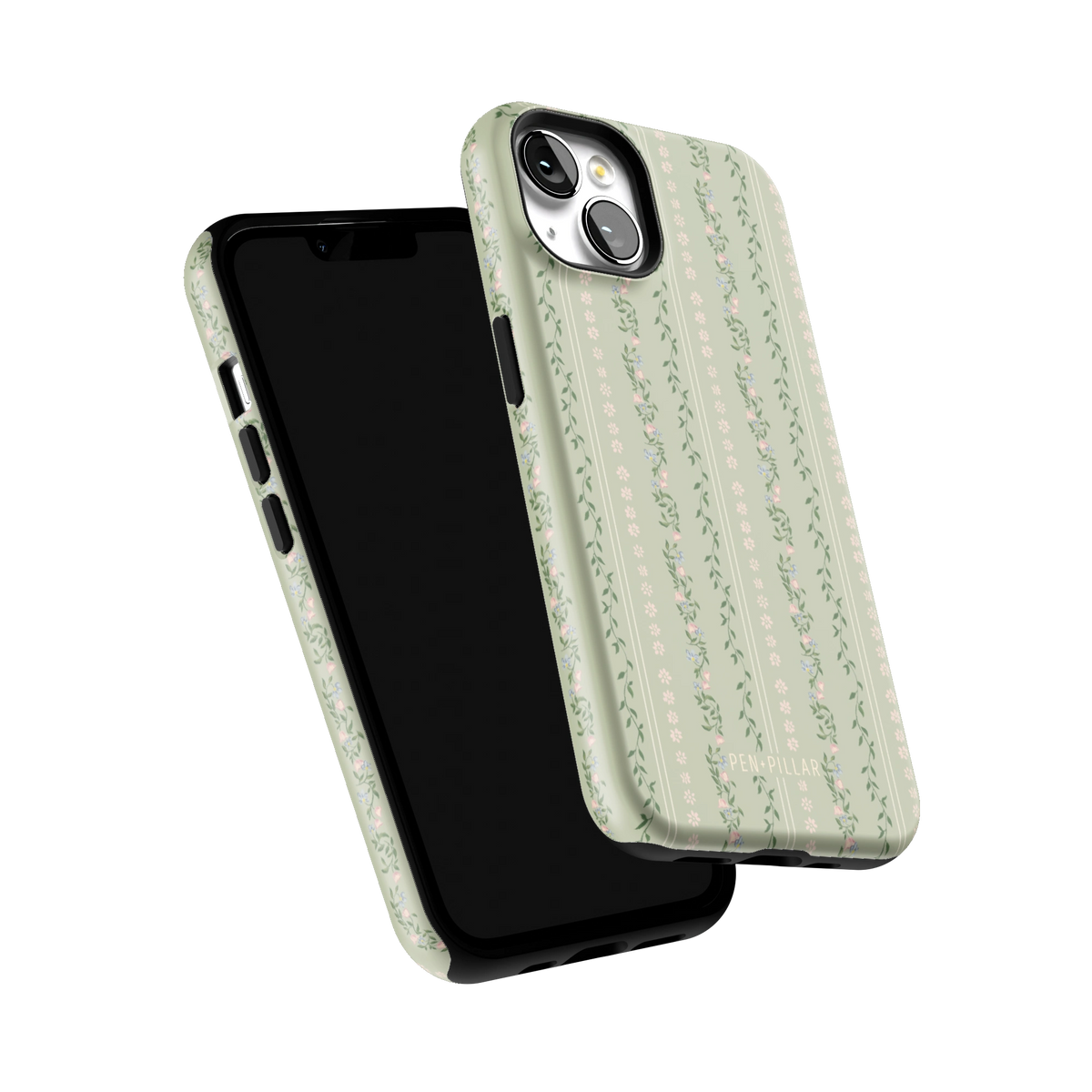 Camellia iPhone 13 case tilted to show the raised edges around the screen and camera