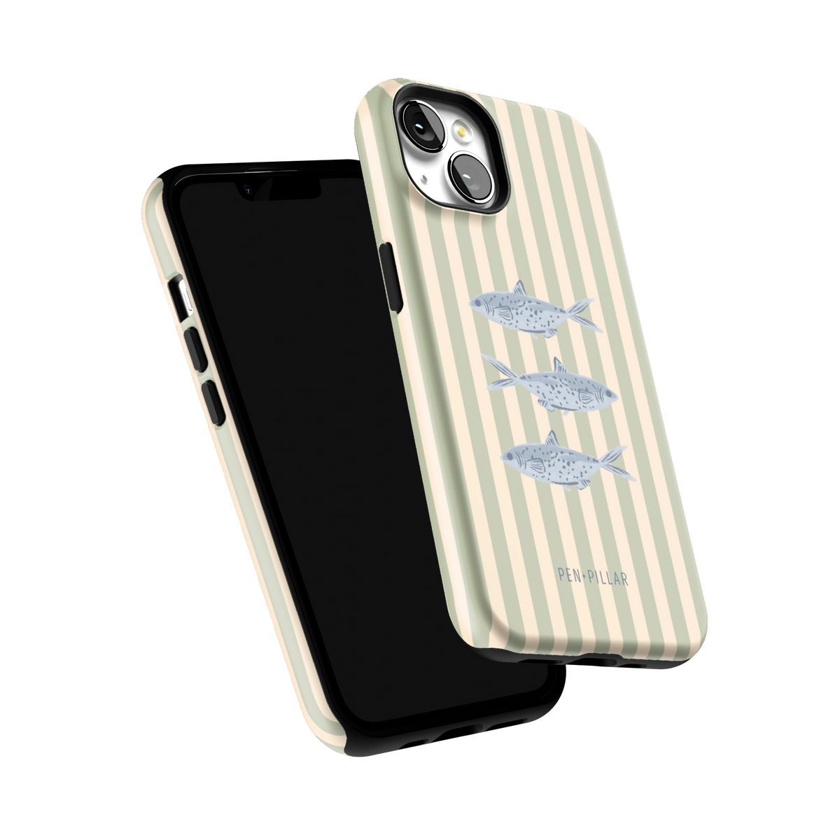 Sea Stripes iPhone 13 case tilted to show the raised edges around the screen and camera