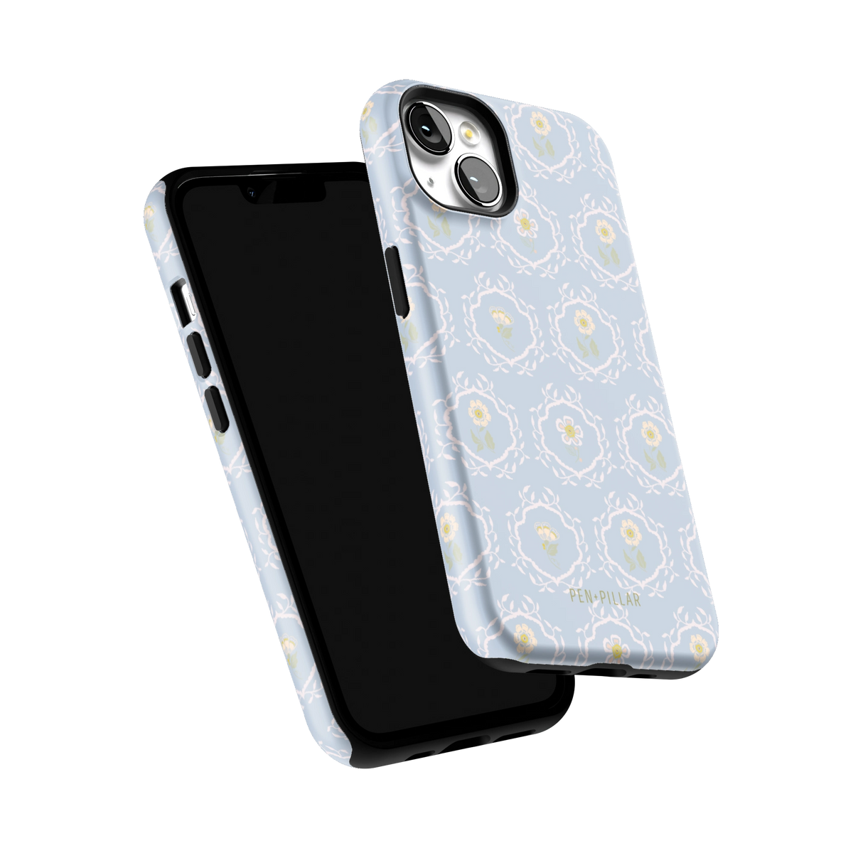Merrigold iPhone 13 case tilted to show the raised edges around the screen and camera