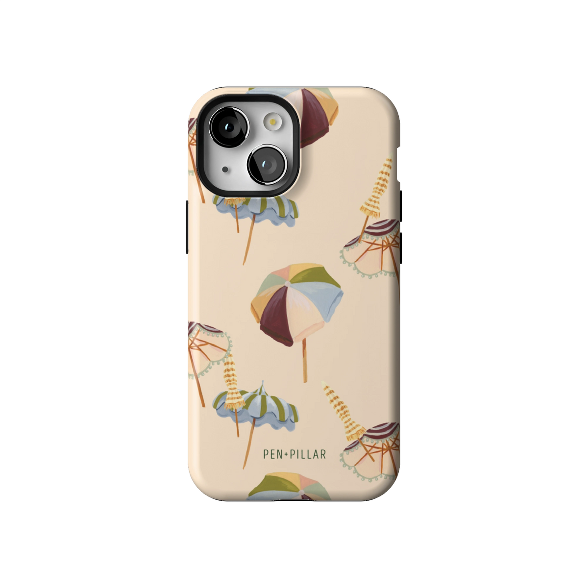 Umbrellas case on iPhone 13 mini, back view: striped beach umbrellas and loungers on warm sand