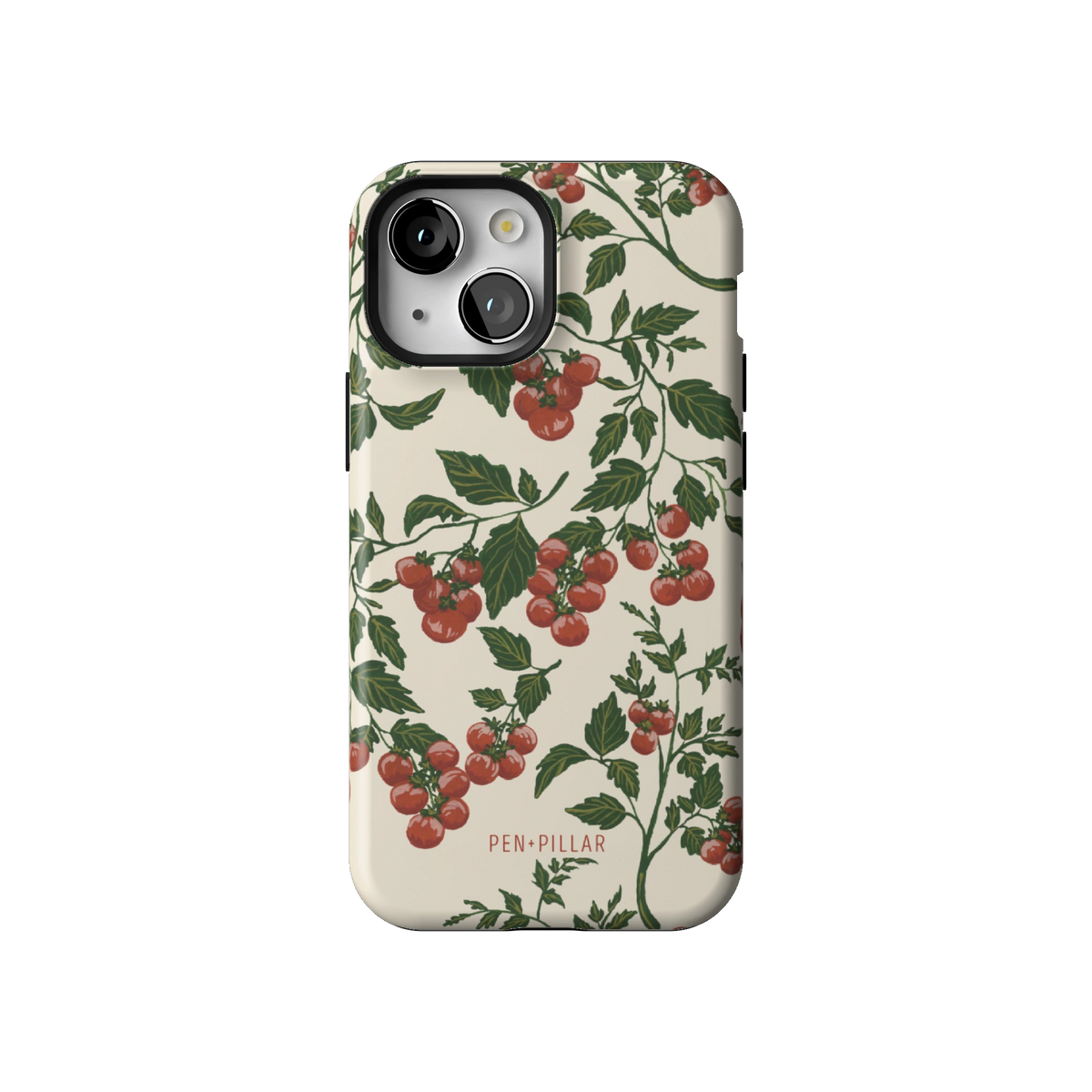 Tomato Vines case on iPhone 13 mini, back view: red tomatoes on leafy green vines over cream