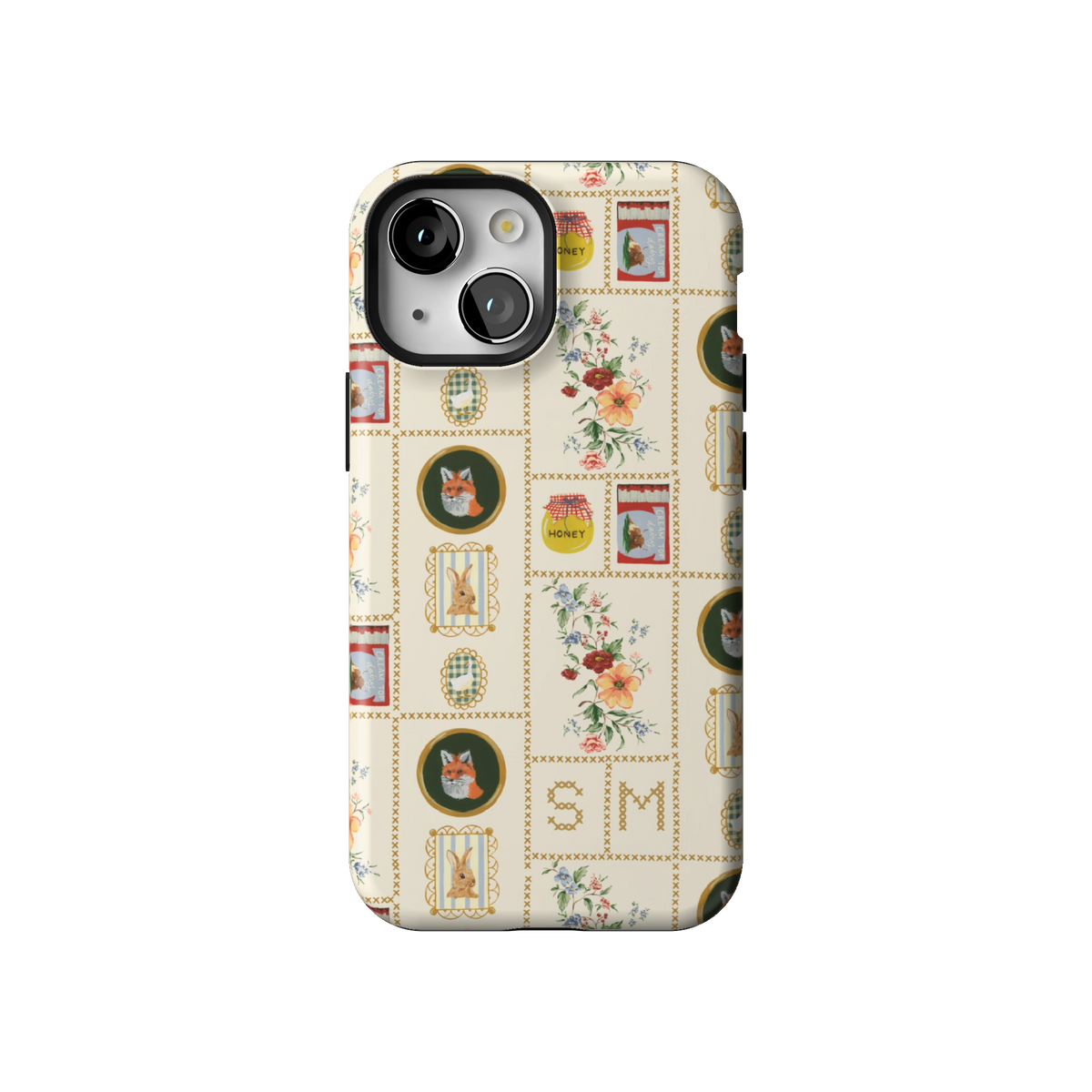 Sampler Personalized case on iPhone 13 mini, back view: cross-stitch style squares of jars, animals and florals on cream with the initials SM