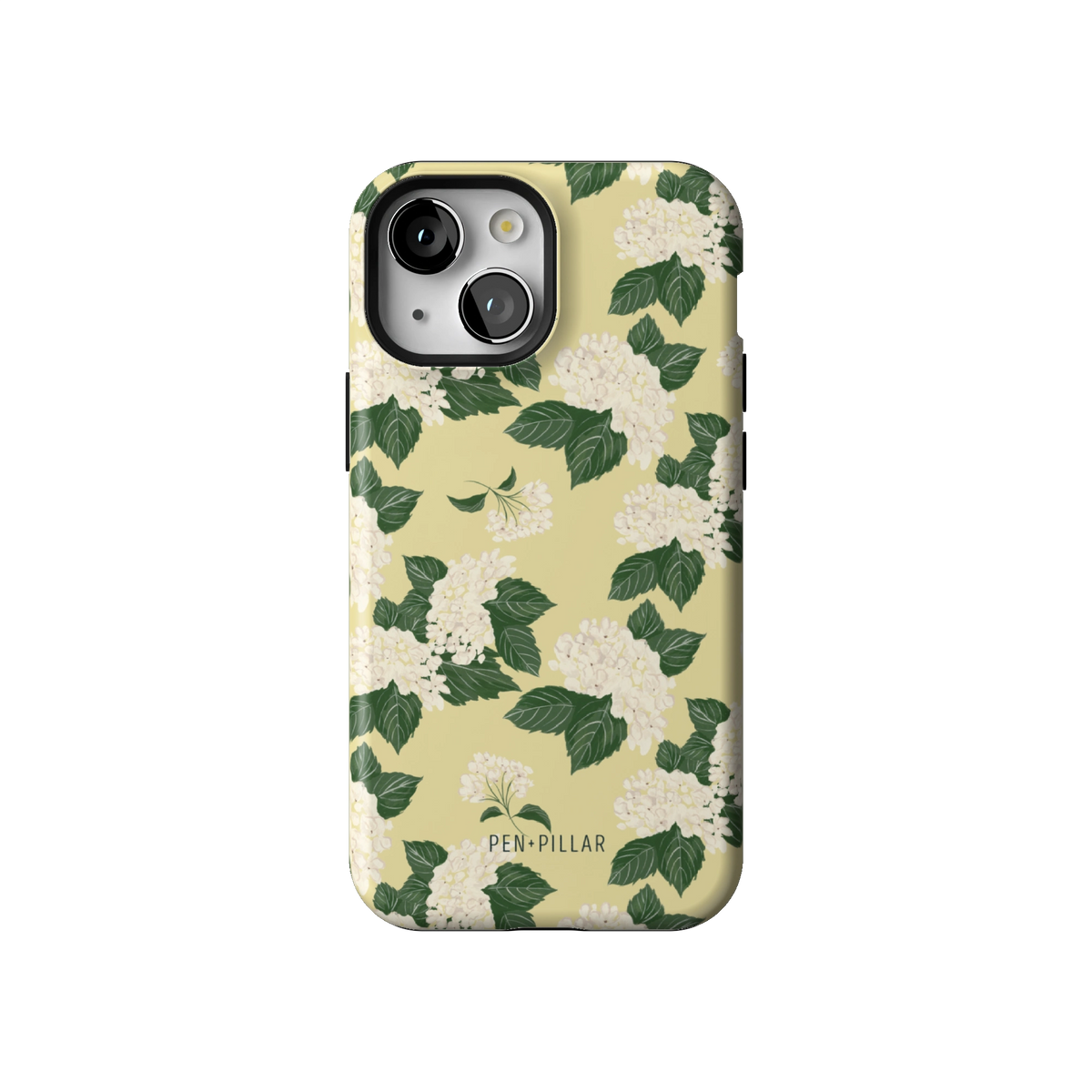Hydrangea case on iPhone 13 mini, back view: white hydrangeas and green leaves on buttery yellow