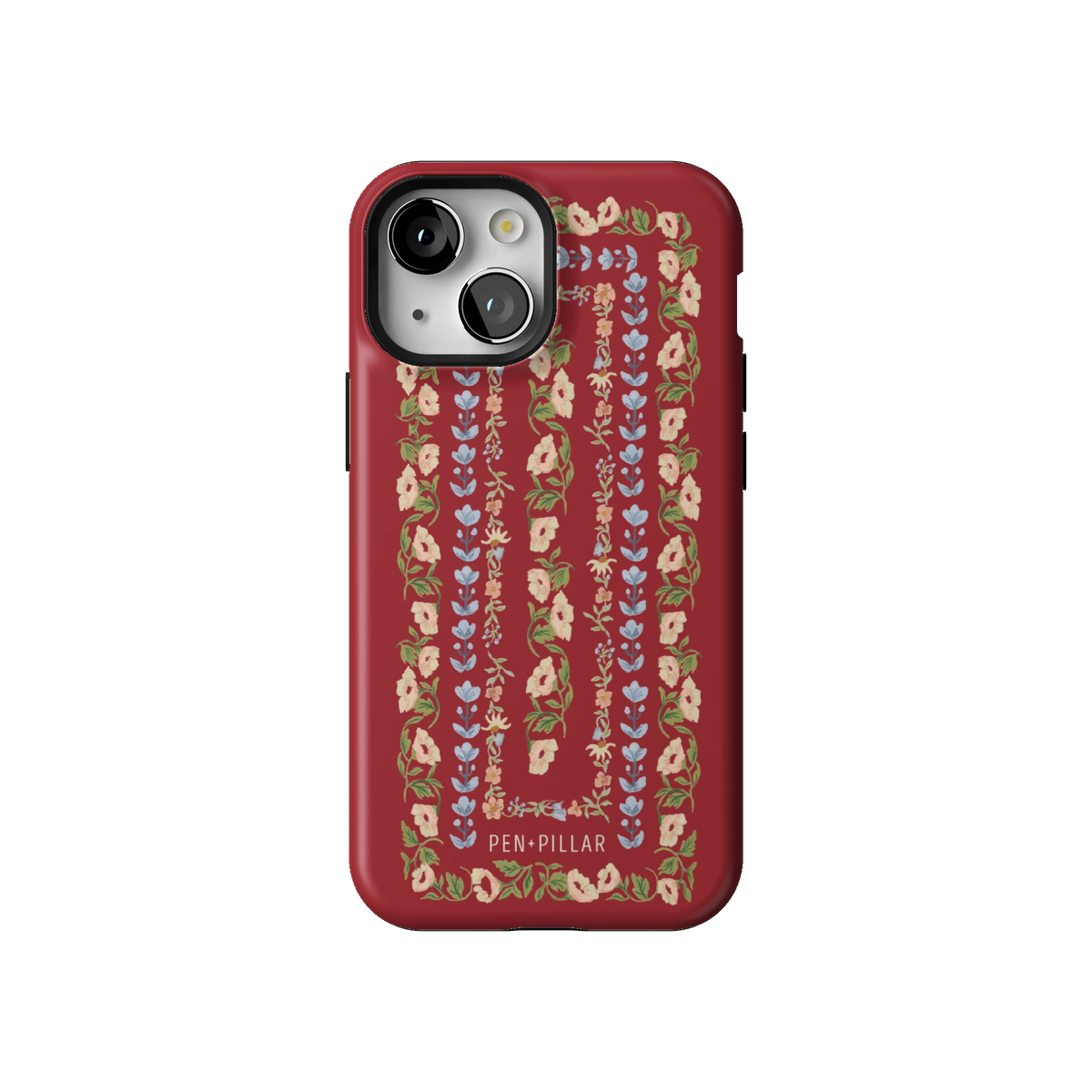 Fiona case on iPhone 13 mini, back view: ornate floral stripes in cream, blush and blue on rich red