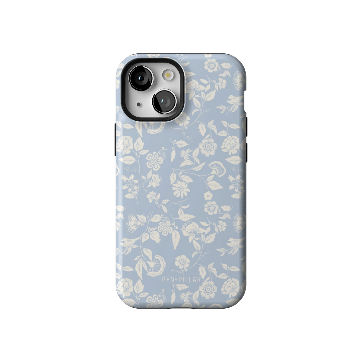 Spritz case on iPhone 13 mini, back view: white florals on soft blue