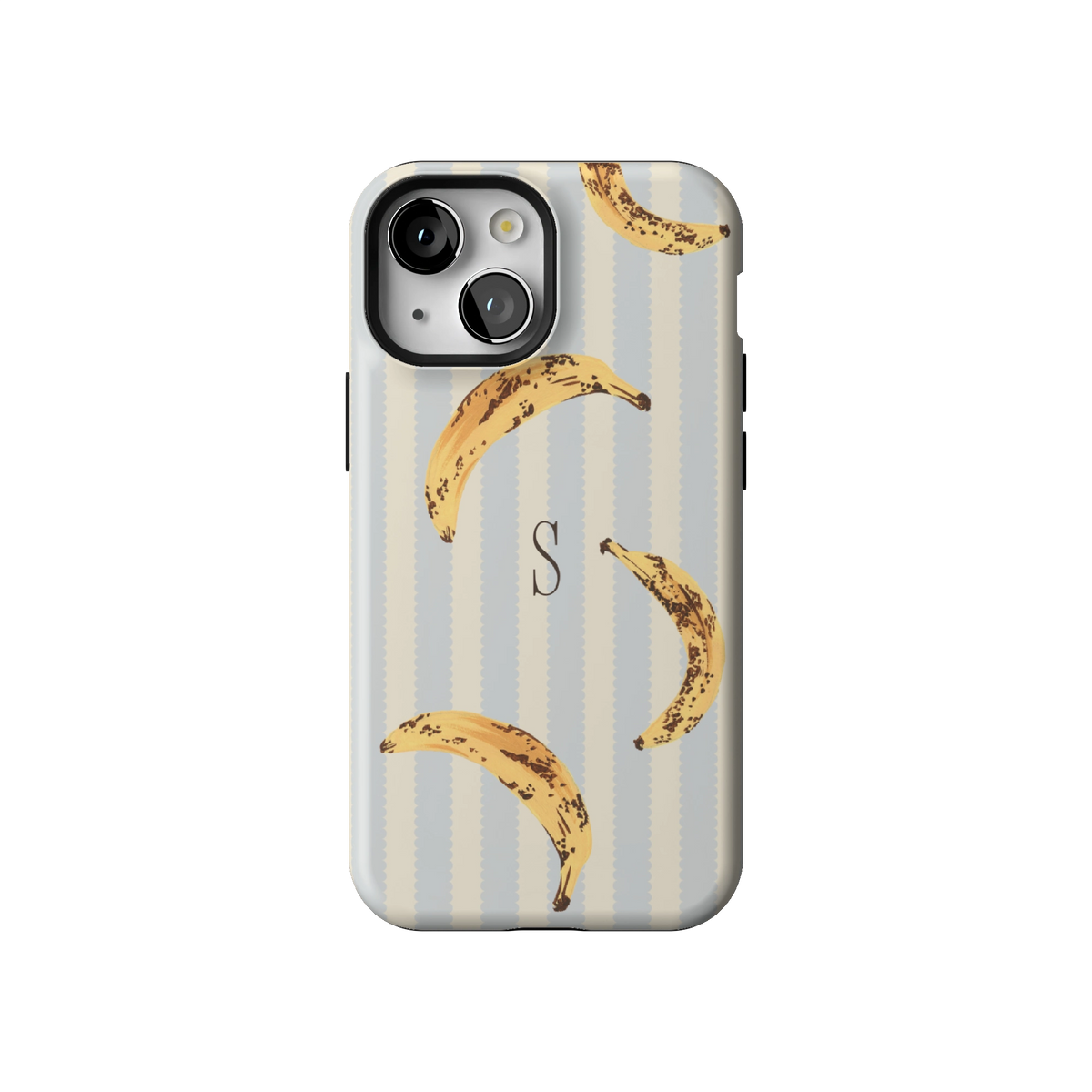 Striped Bananas Personalized case on iPhone 13 mini, back view: ripe bananas on pale blue and cream stripes with the initial S