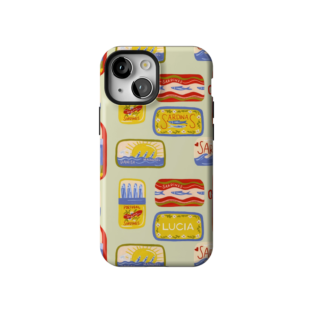 Sardines Personalized case on iPhone 13 mini, back view: vintage sardine tins on pale sage with the name Lucia