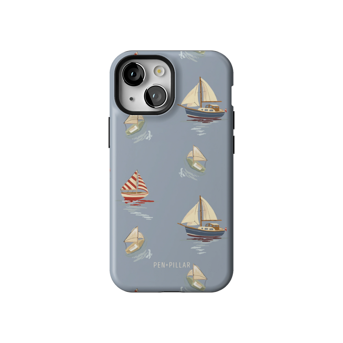 Harbor case on iPhone 13 mini, back view: sailboats and paper boats on dusty blue
