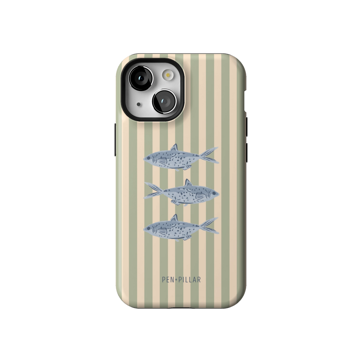 Sea Stripes case on iPhone 13 mini, back view: blue fish on sage and cream stripes