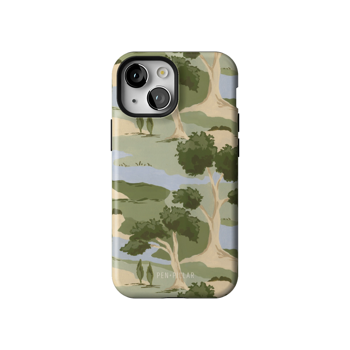 Orchard case on iPhone 13 mini, back view: rolling green trees and winding blue streams on cream