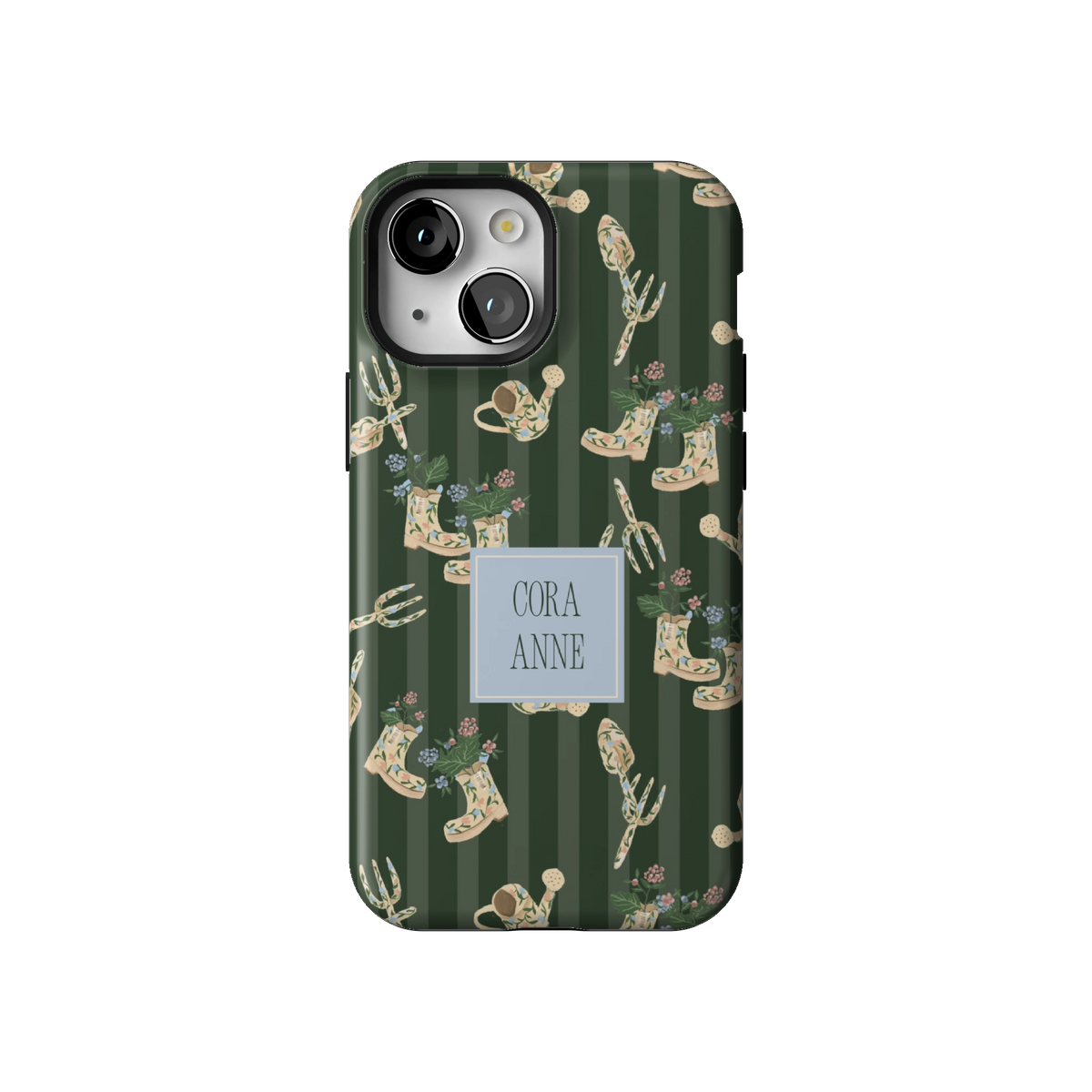 In the Garden Personalized case on iPhone 13 mini, back view: garden boots, tools and florals on forest green stripes with the name Cora Anne