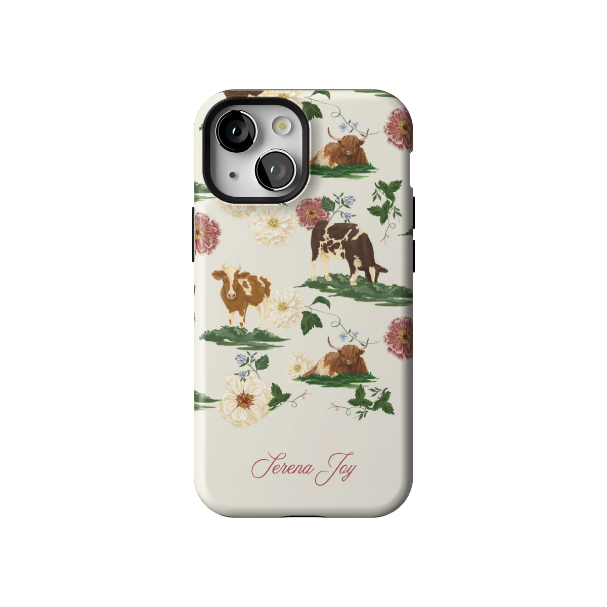 Pasture Personalized case on iPhone 13 mini, back view: cows and dahlias in a countryside scene on cream with a name in script