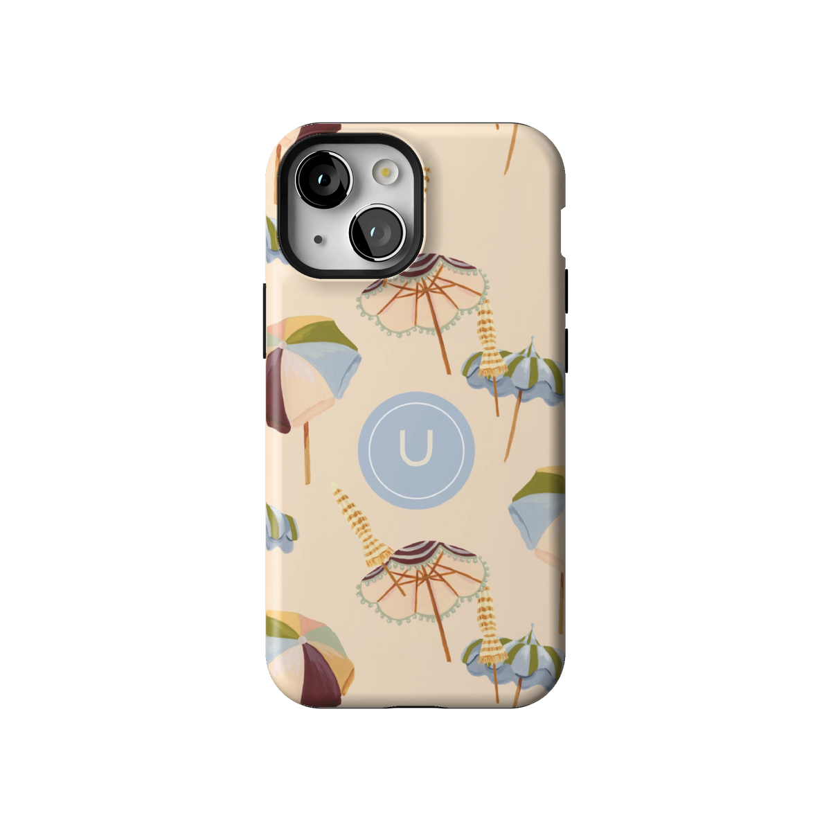 Umbrellas Personalized case on iPhone 13 mini, back view: striped beach umbrellas and loungers on warm sand with the initial U