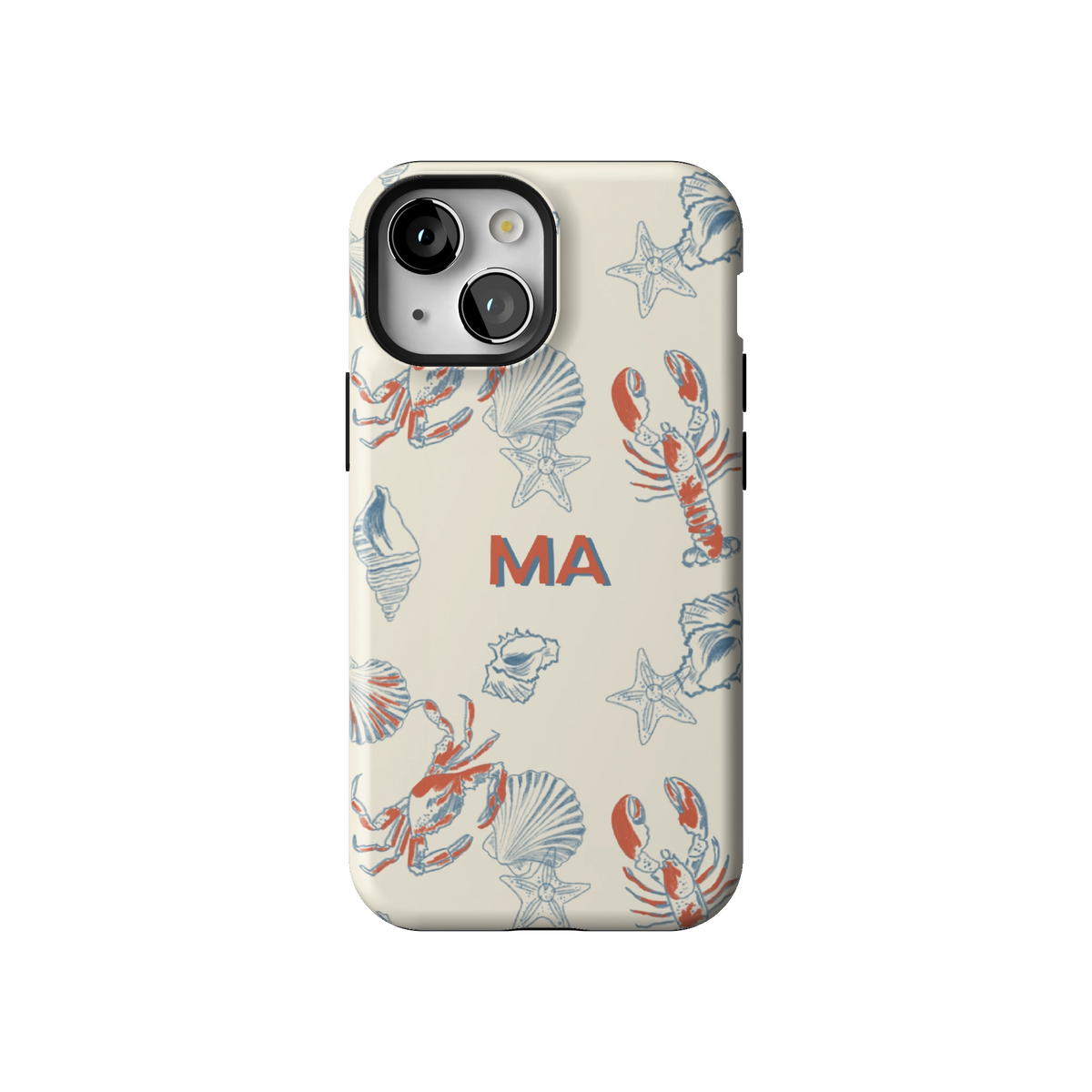 Mariner Personalized case on iPhone 13 mini, back view: red lobsters, blue crabs and seashells on cream with the initials MA