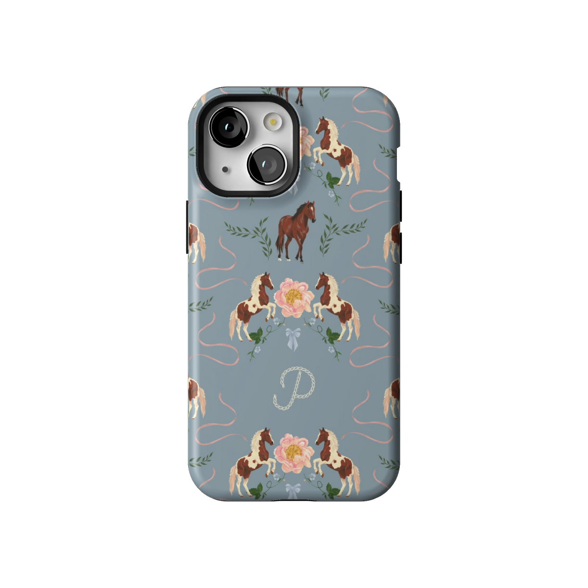 Prairie Personalized case on iPhone 13 mini, back view: horses and blush florals on dusty blue with the initial P
