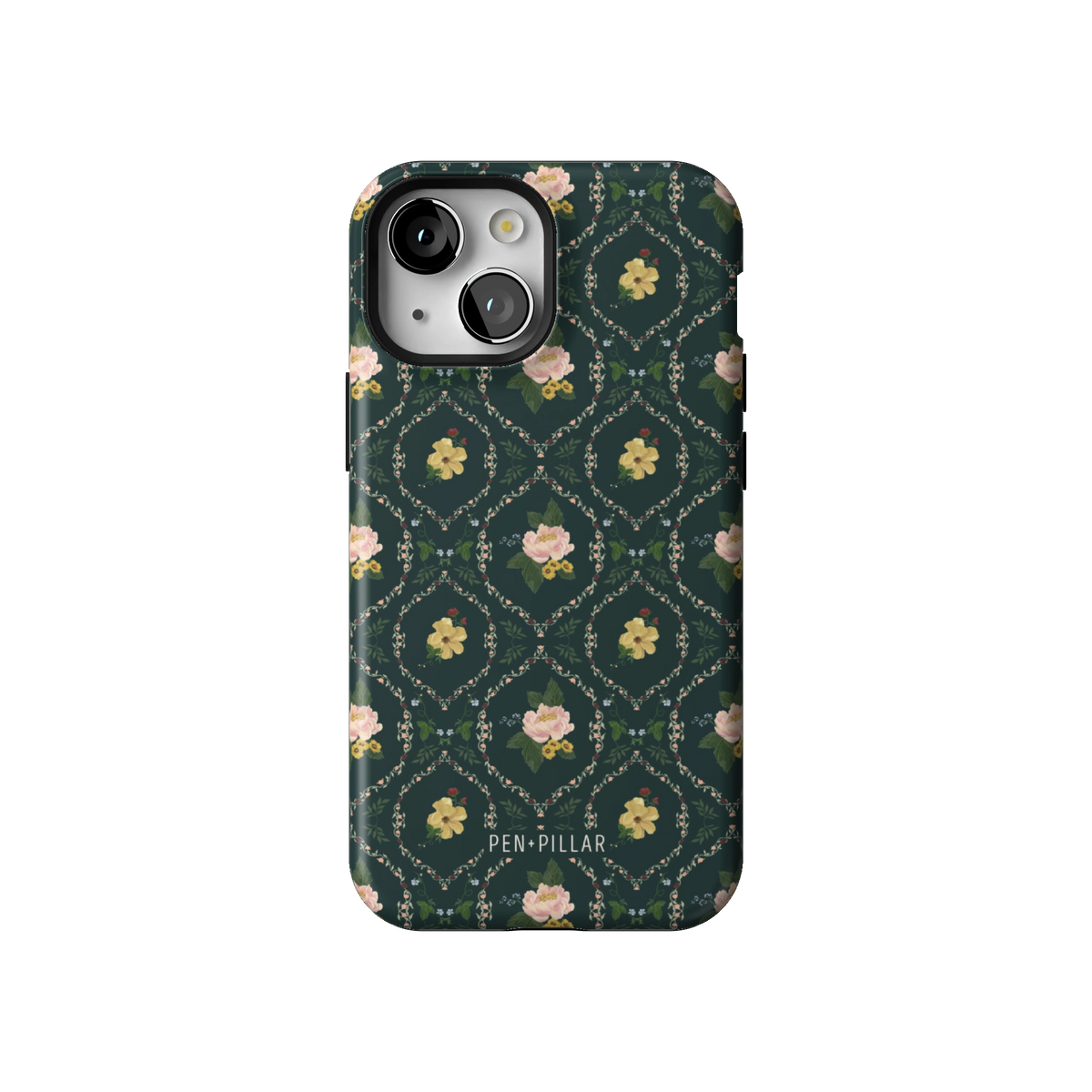Meadow case on iPhone 13 mini, back view: small yellow and pink flowers in a diamond trellis on deep green