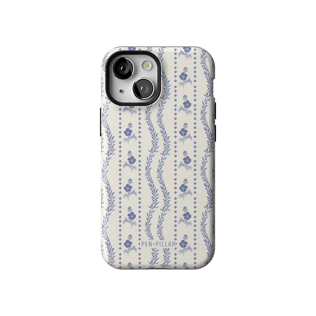 Riviera case on iPhone 13 mini, back view: blue florals and vines in stripes on white