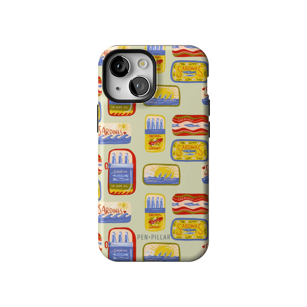 Sardines case on iPhone 13 mini, back view: vintage sardine tins on pale sage
