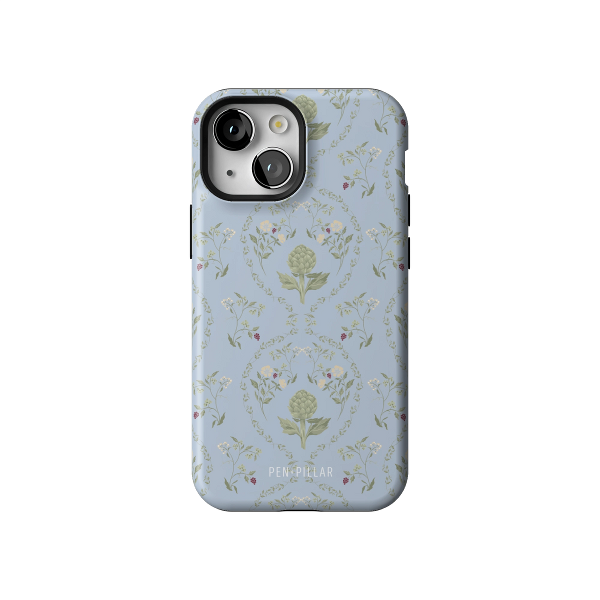 Artichoke case on iPhone 13 mini, back view: soft green artichokes in a vintage trellis on dusty blue