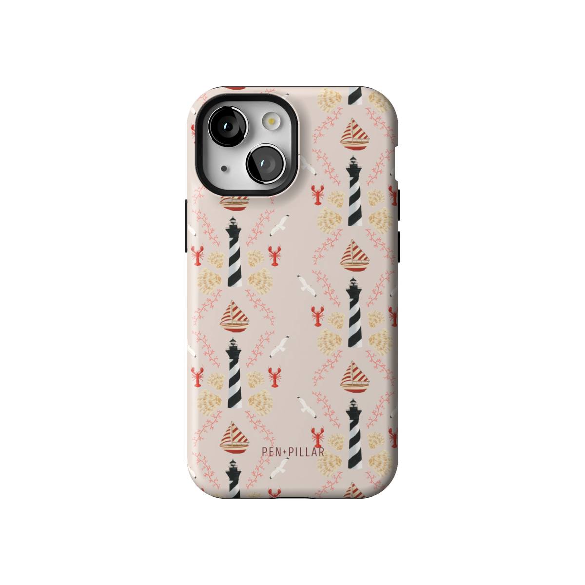 Lighthouse case on iPhone 13 mini, back view: striped lighthouses, lobsters and seashells on blush
