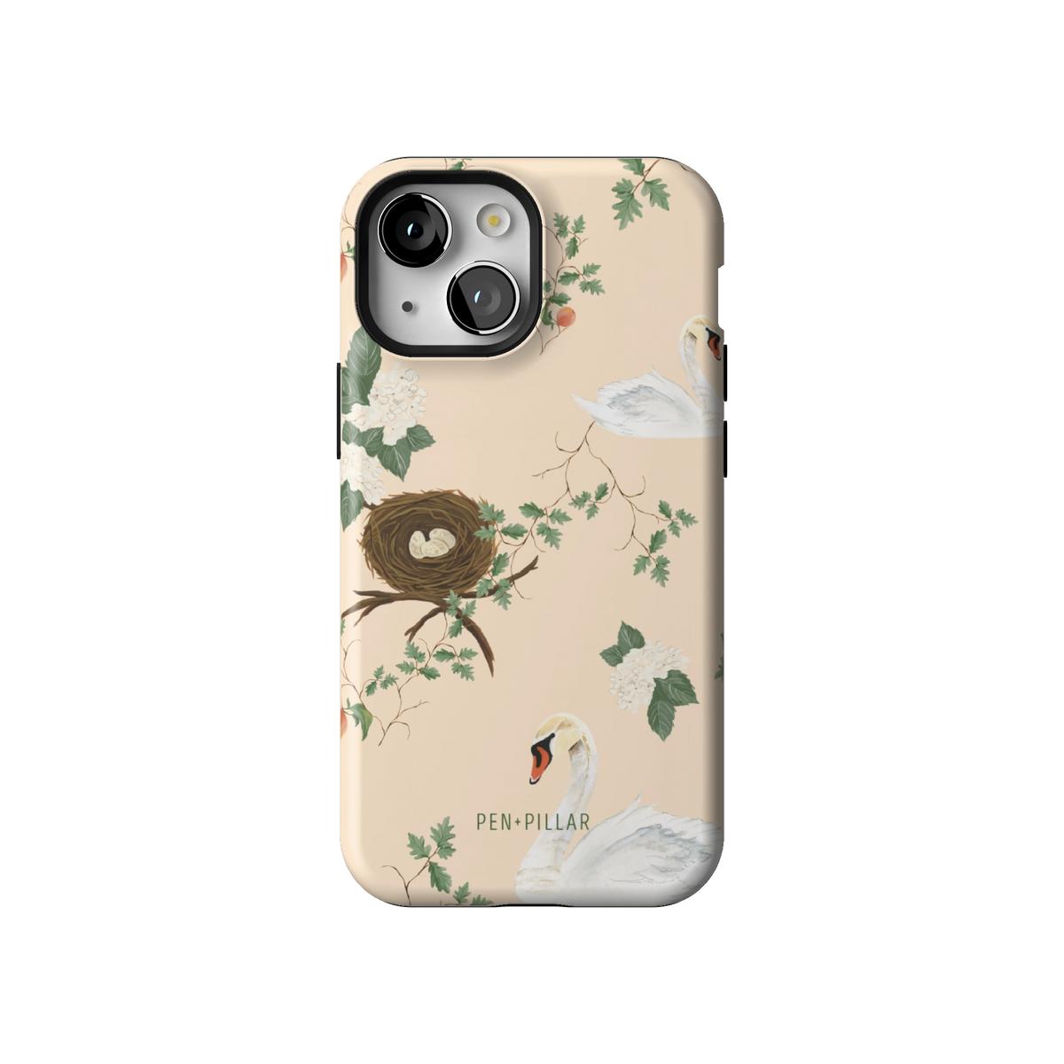 Swan Hollow case on iPhone 13 mini, back view: swans, a bird's nest and trailing greenery on cream