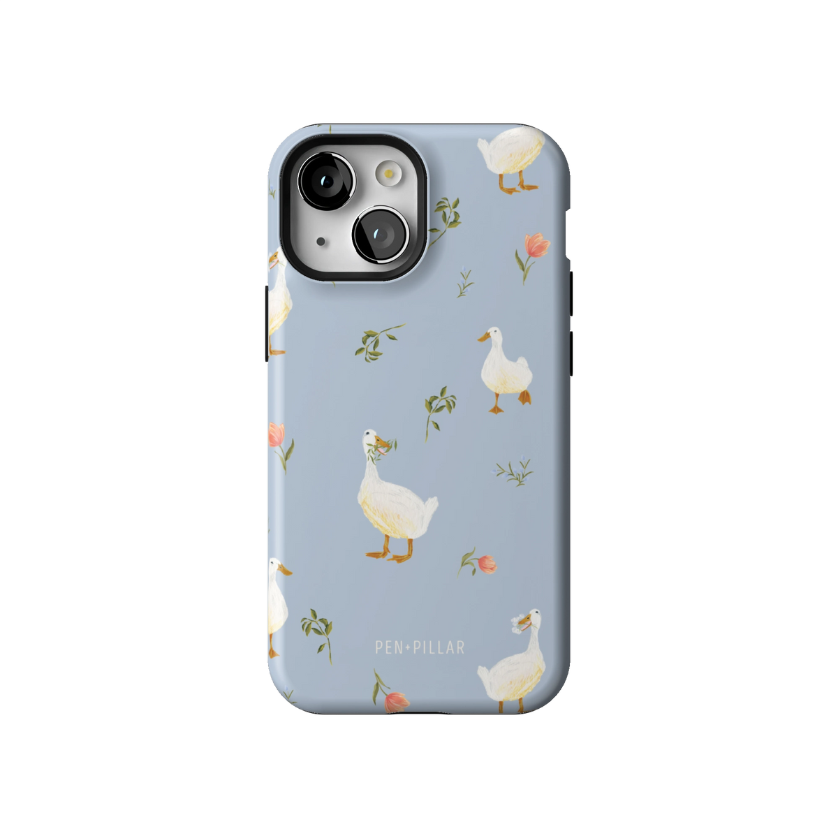 Ducks case on iPhone 13 mini, back view: white ducks and small flower sprigs on soft blue