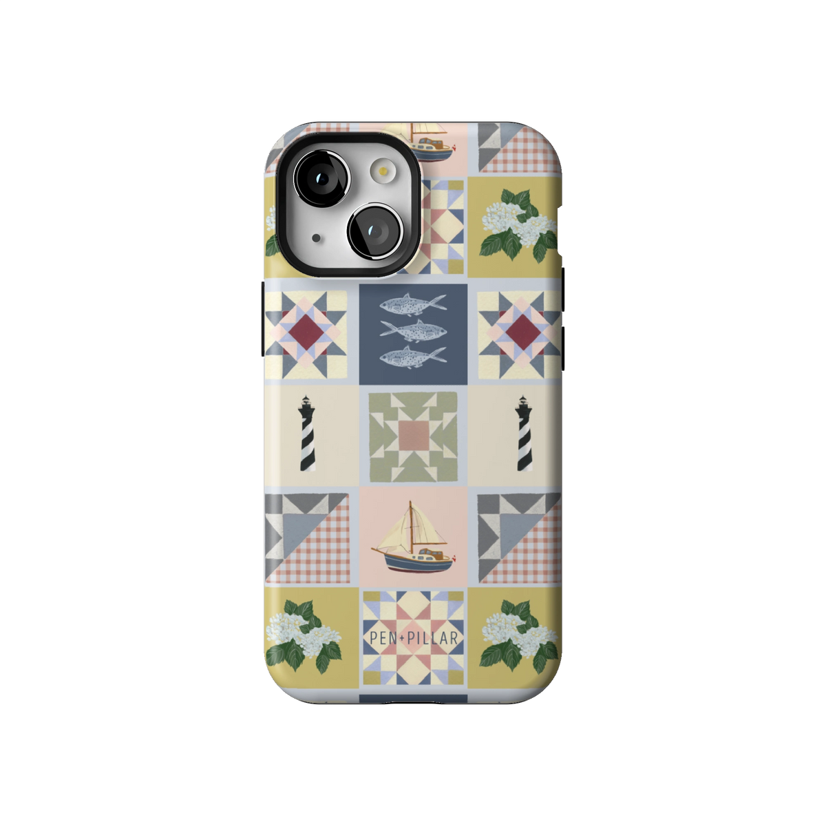 Coastal Quilt case on iPhone 13 mini, back view: quilt blocks with sailboats, fish, a lighthouse and hydrangeas in navy, sage and blush