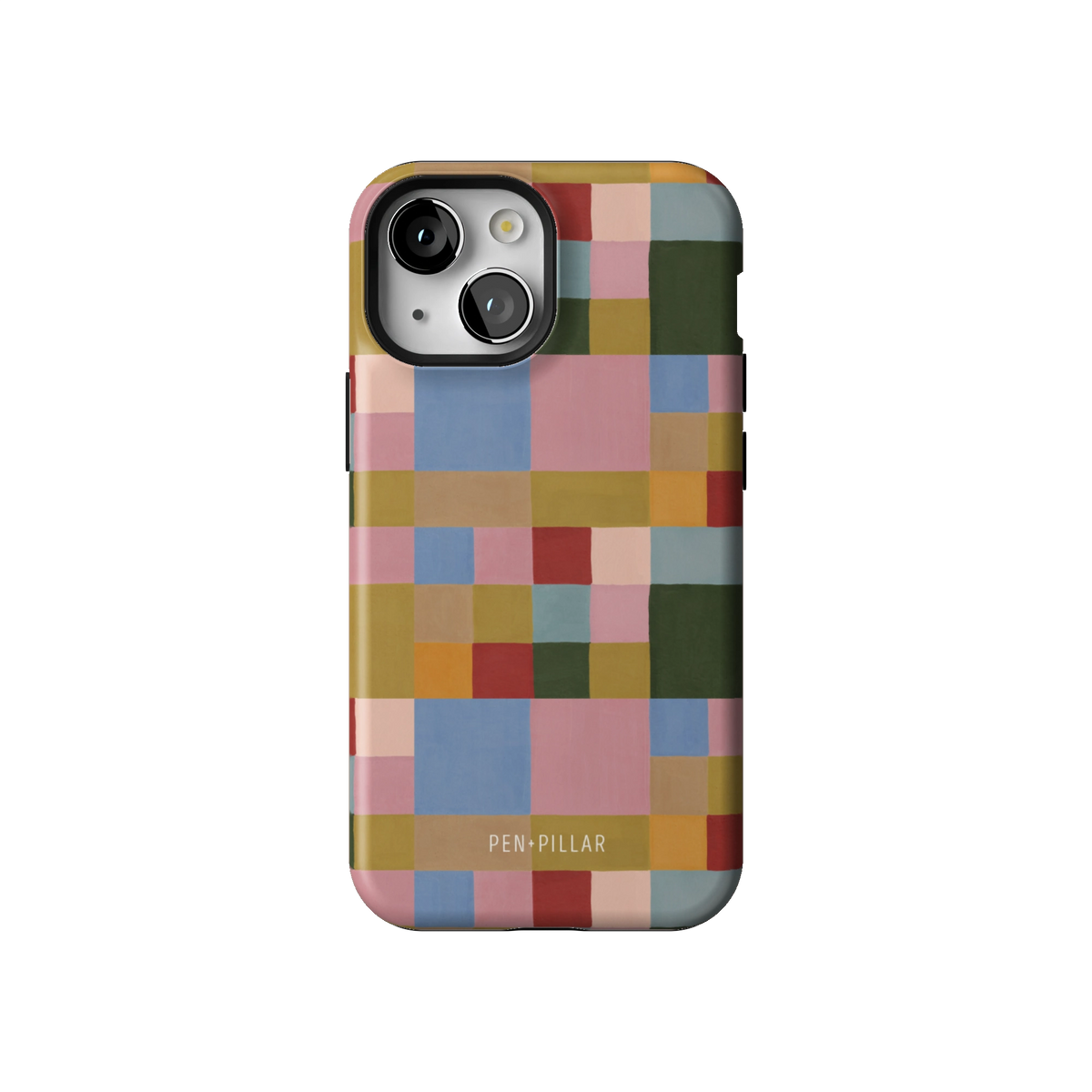 Colorblock case on iPhone 13 mini, back view: painterly squares in blush, sky blue, mustard, rust and forest green