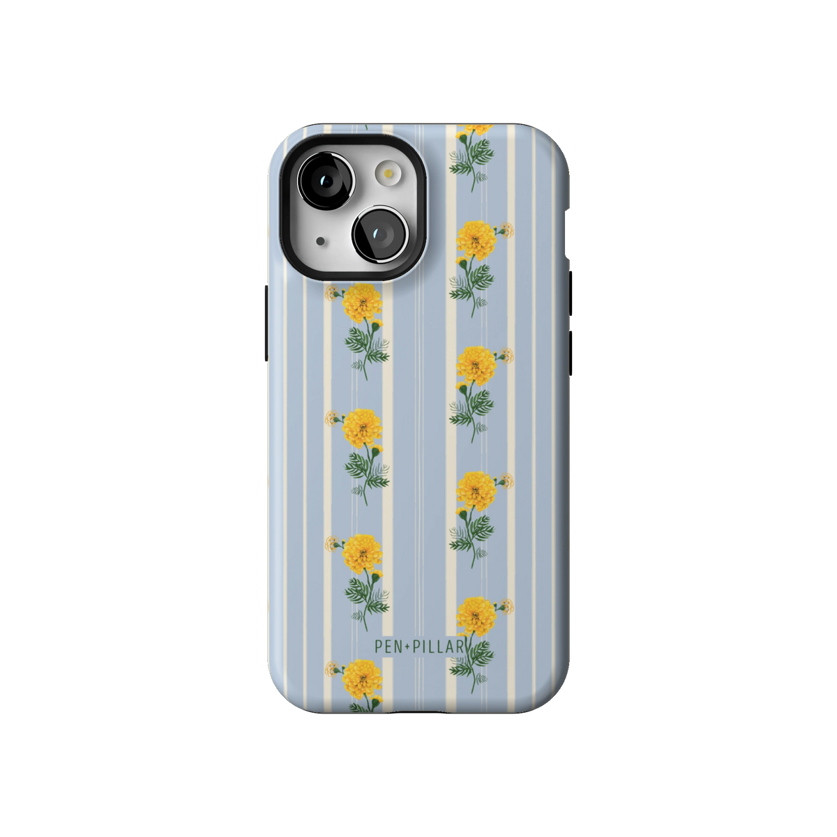 October Birth Month case on iPhone 13 mini, back view: yellow marigolds on blue and cream stripes