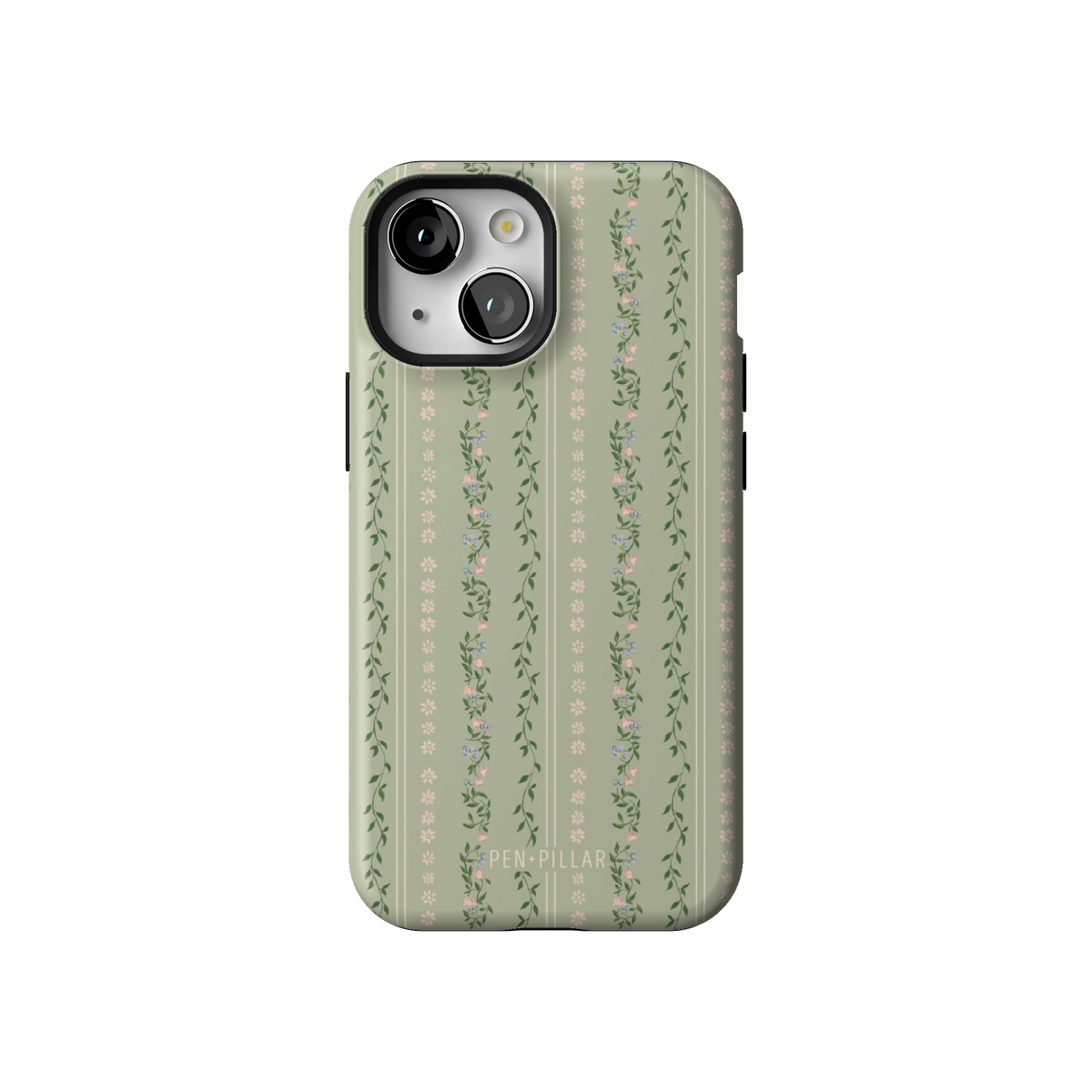 Camellia case on iPhone 13 mini, back view: sage green with soft floral stripes