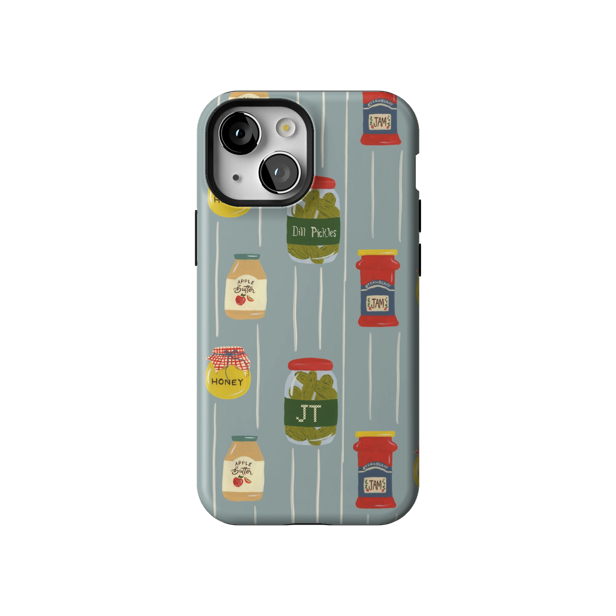 Preserves Personalized case on iPhone 13 mini, back view: jars of honey, pickles and jam on slate blue stripes with the initials JT