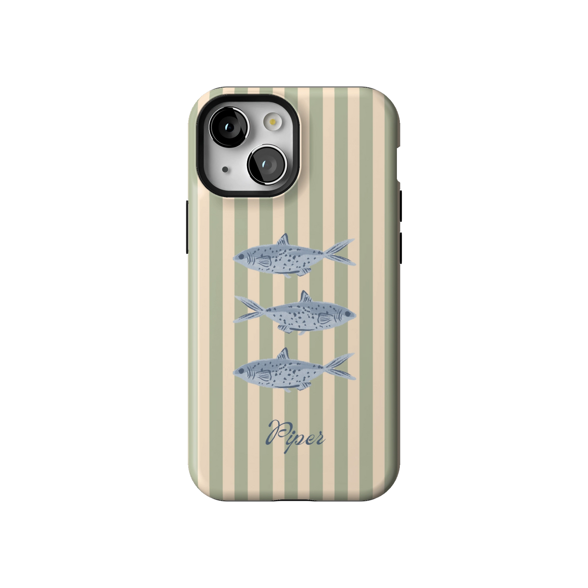 Sea Stripes Personalized case on iPhone 13 mini, back view: blue fish on sage and cream stripes with the name Piper