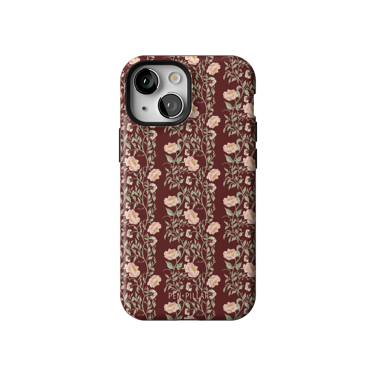 Thicket case on iPhone 13 mini, back view: dense blush and cream florals on deep burgundy