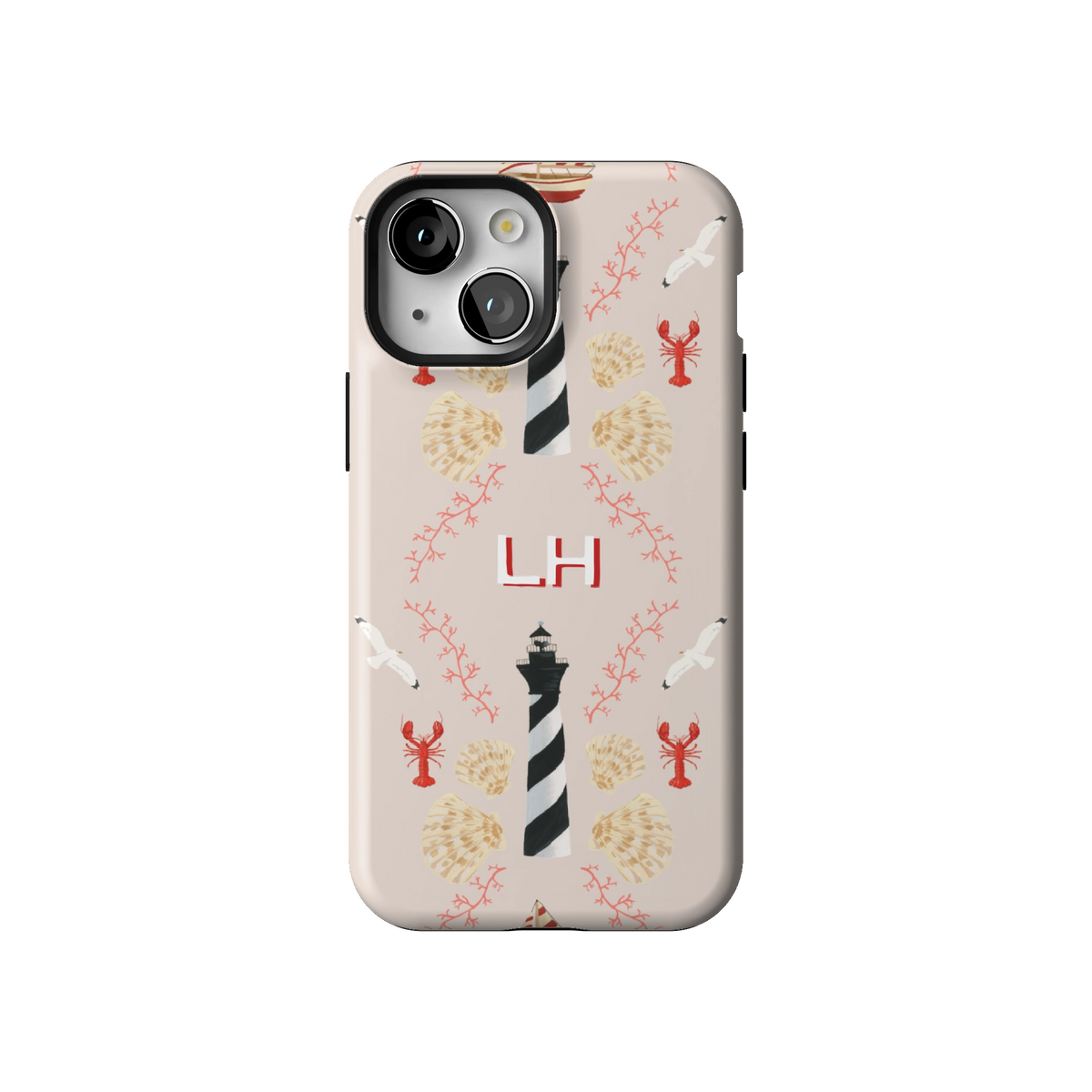 Lighthouse Personalized case on iPhone 13 mini, back view: striped lighthouses, lobsters and seashells on blush with the initials LH