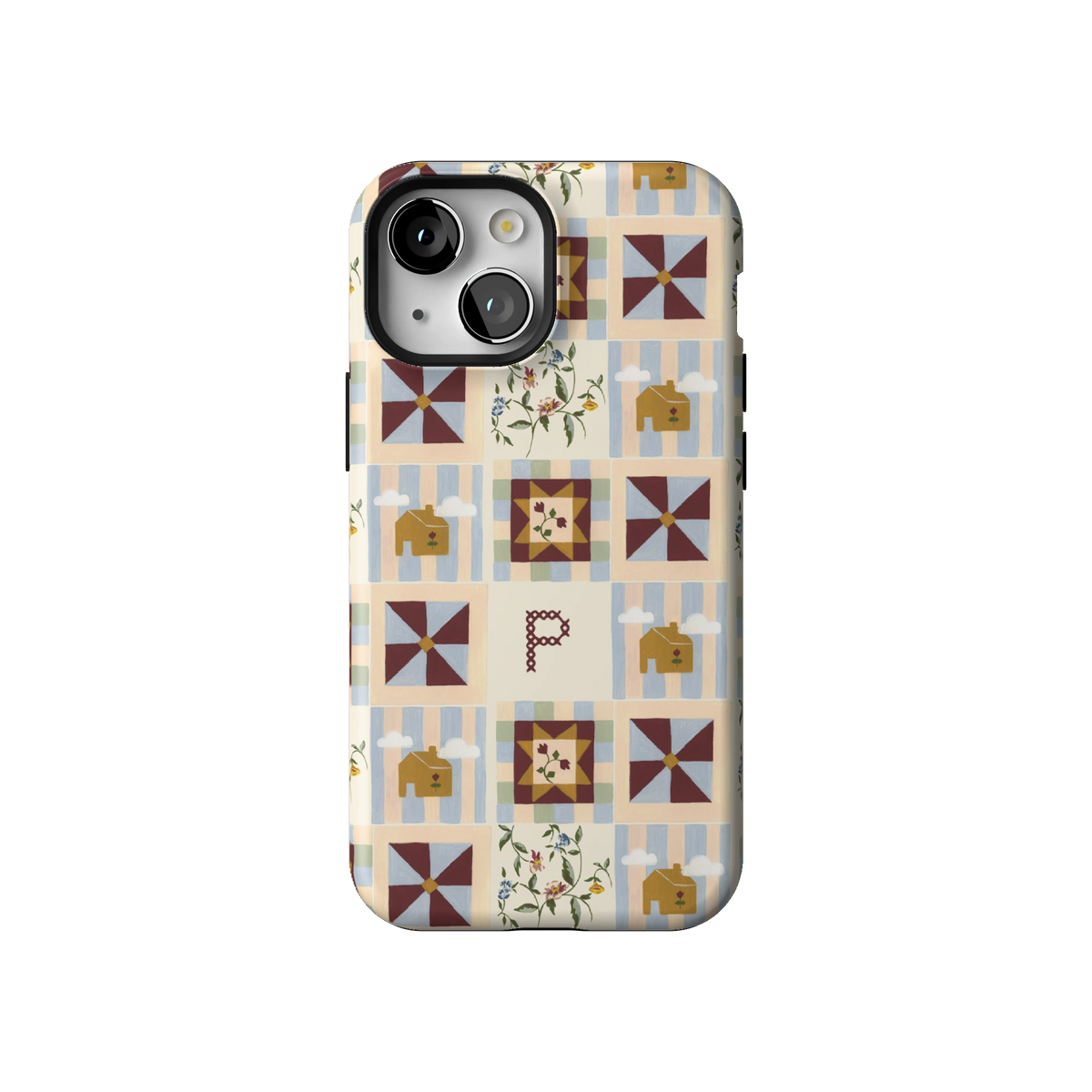 Pinwheel Personalized case on iPhone 13 mini, back view: burgundy pinwheel quilt blocks on blue stripes with the initial P