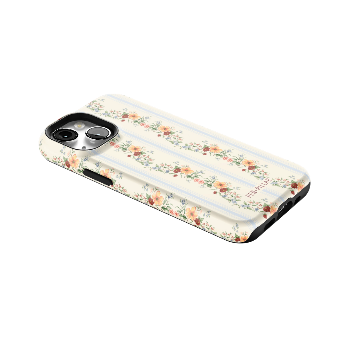 Wallflower iPhone 13 mini case lying at an angle, showing the side buttons and print wrapping the edges