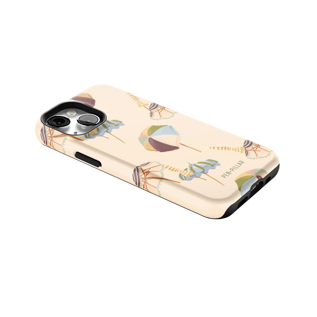 Umbrellas iPhone 13 mini case lying at an angle, showing the side buttons and print wrapping the edges