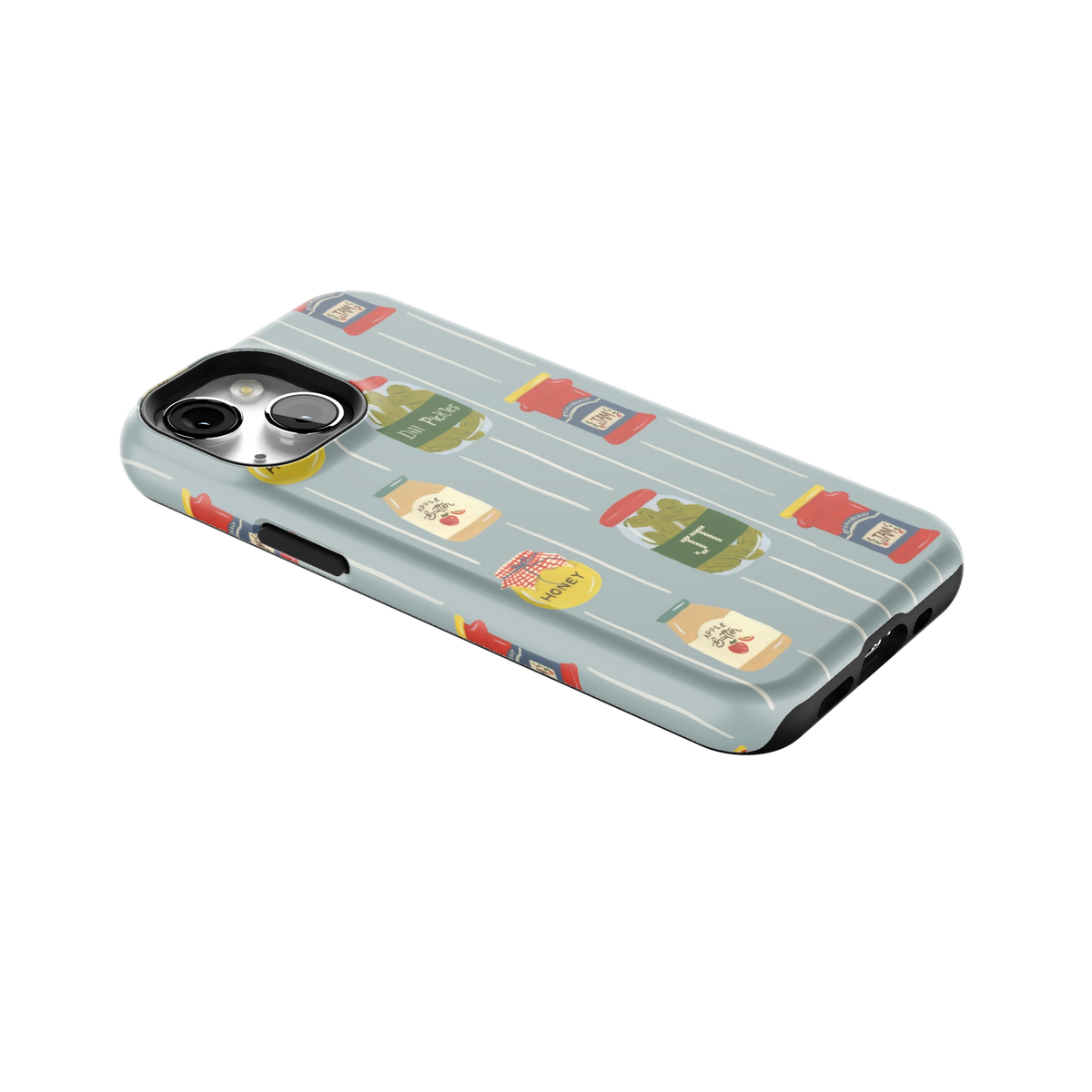 Preserves Personalized iPhone 13 mini case lying at an angle, showing the side buttons and print wrapping the edges