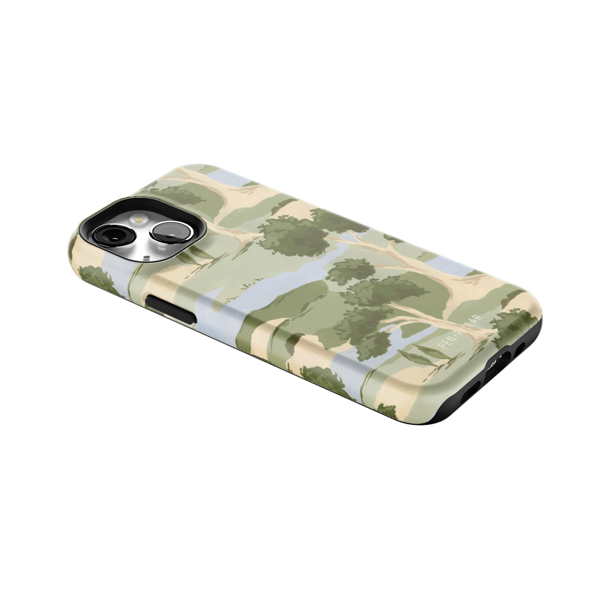 Orchard iPhone 13 mini case lying at an angle, showing the side buttons and print wrapping the edges