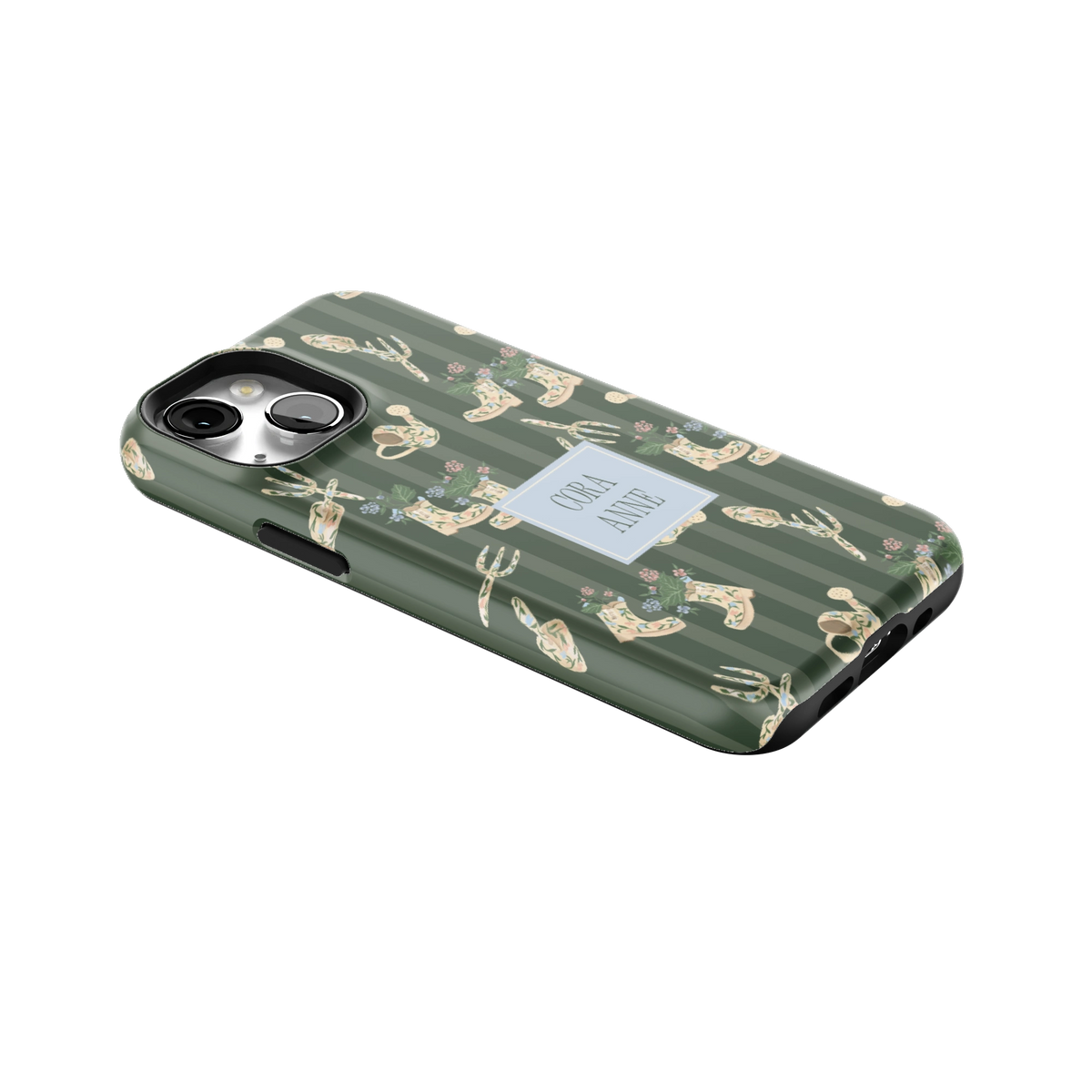 In the Garden Personalized iPhone 13 mini case lying at an angle, showing the side buttons and print wrapping the edges