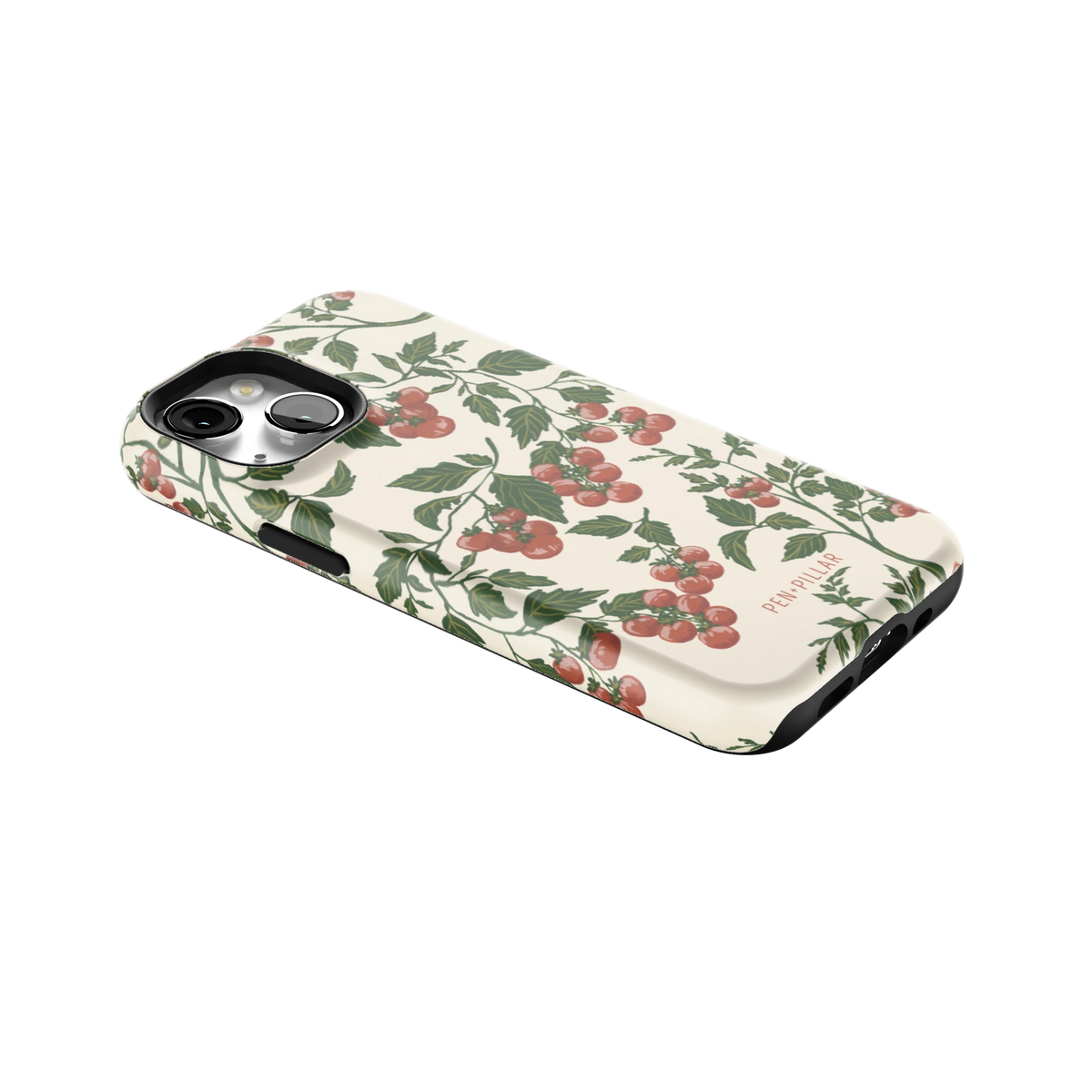 Tomato Vines iPhone 13 mini case lying at an angle, showing the side buttons and print wrapping the edges