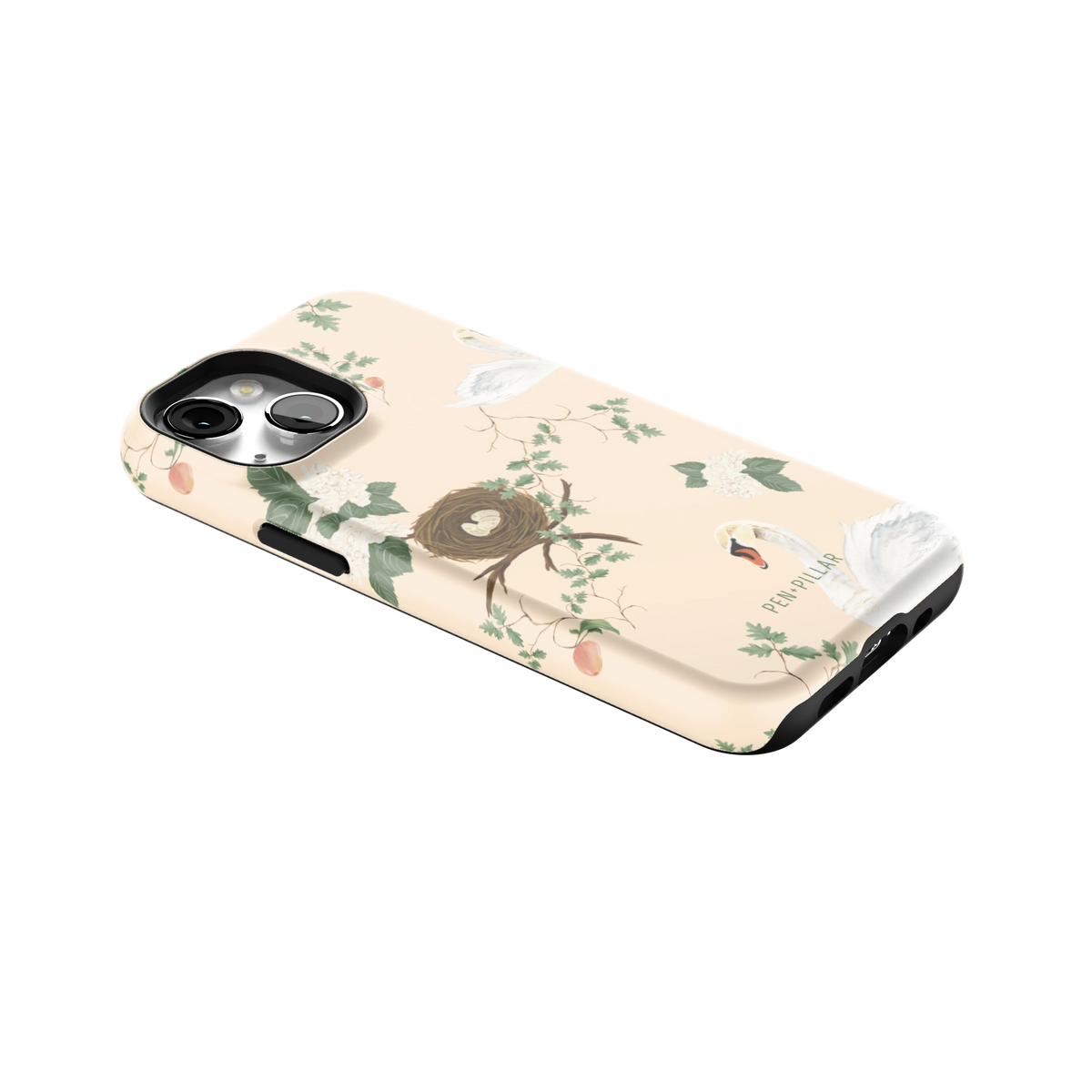 Swan Hollow iPhone 13 mini case lying at an angle, showing the side buttons and print wrapping the edges