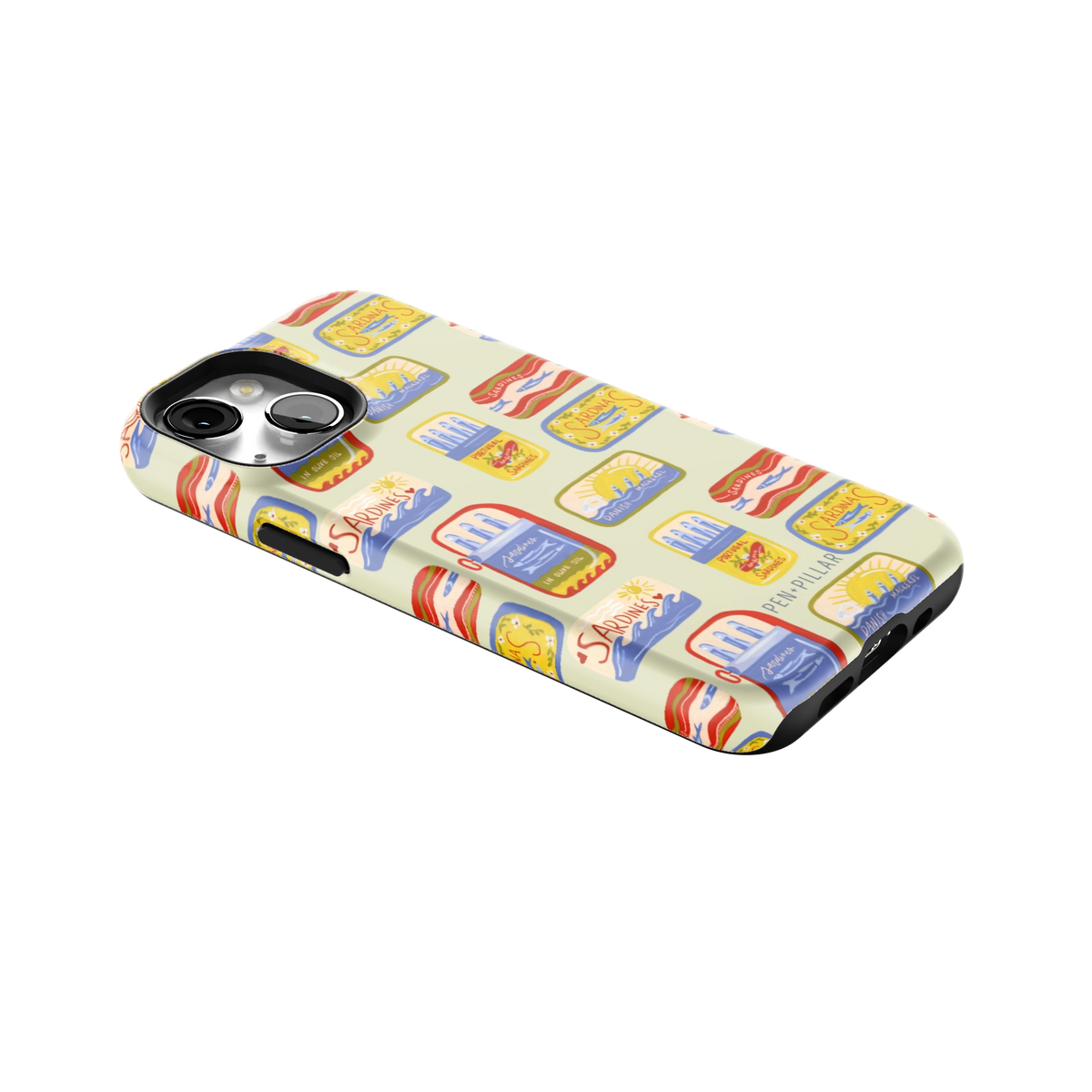 Sardines iPhone 13 mini case lying at an angle, showing the side buttons and print wrapping the edges