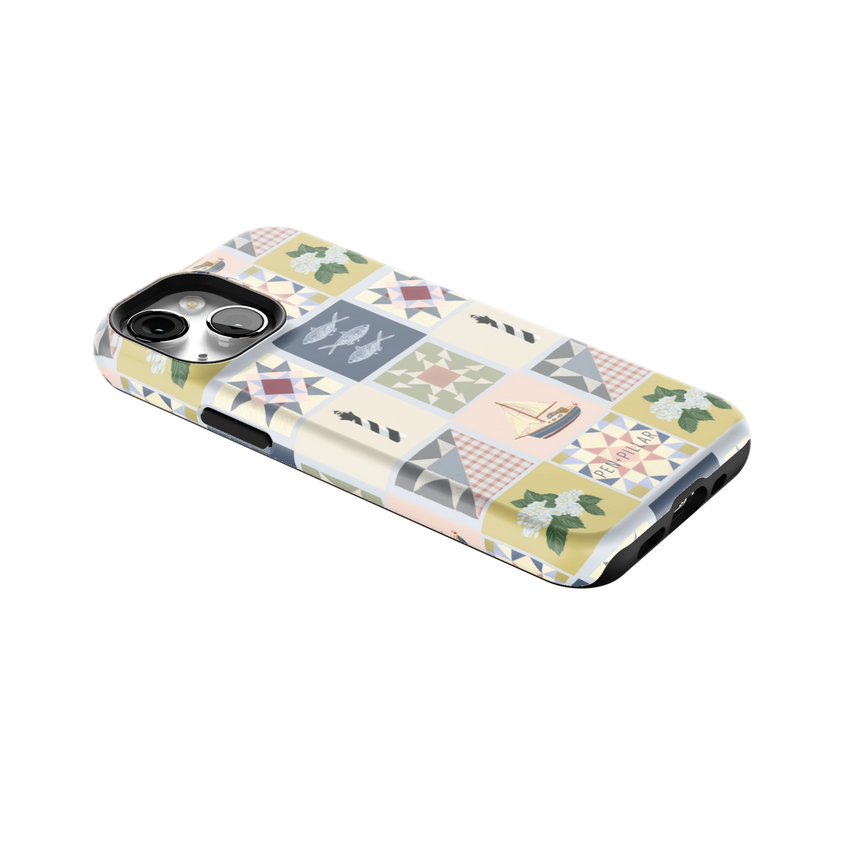 Coastal Quilt iPhone 13 mini case lying at an angle, showing the side buttons and print wrapping the edges