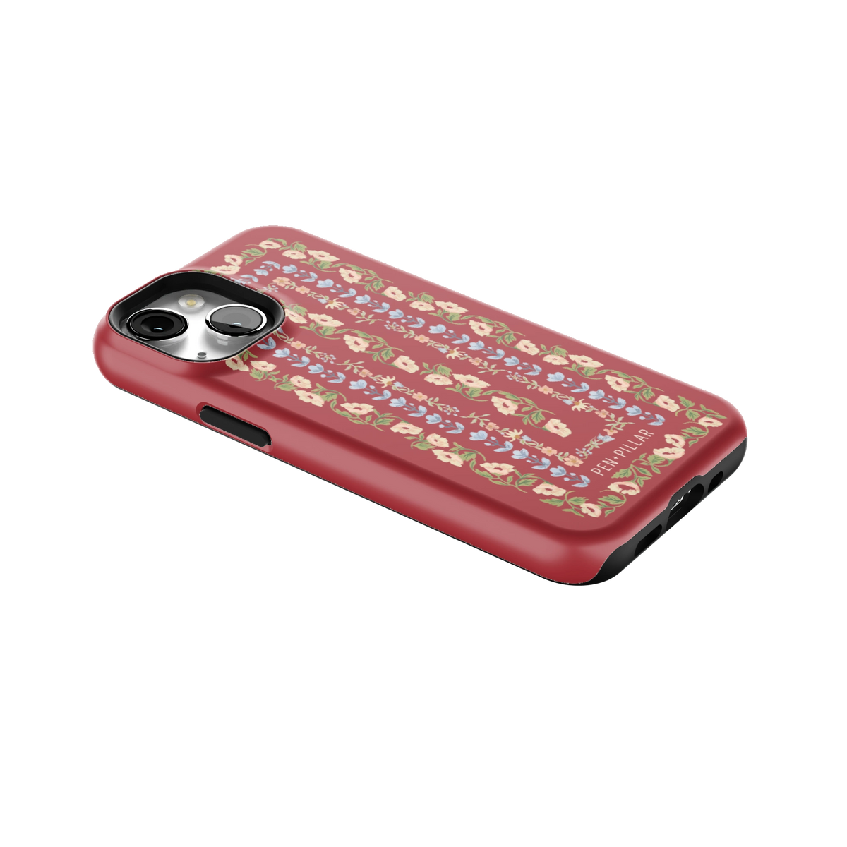 Fiona iPhone 13 mini case lying at an angle, showing the side buttons and print wrapping the edges