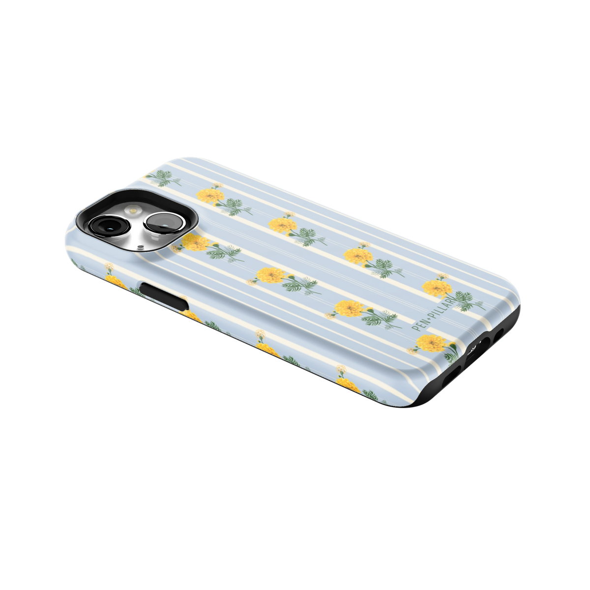 October Birth Month iPhone 13 mini case lying at an angle, showing the side buttons and print wrapping the edges