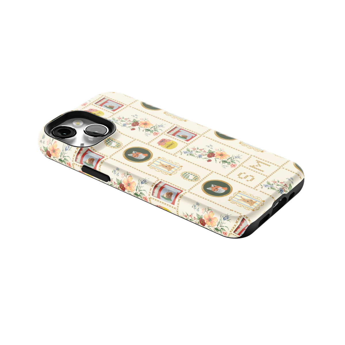 Sampler Personalized iPhone 13 mini case lying at an angle, showing the side buttons and print wrapping the edges
